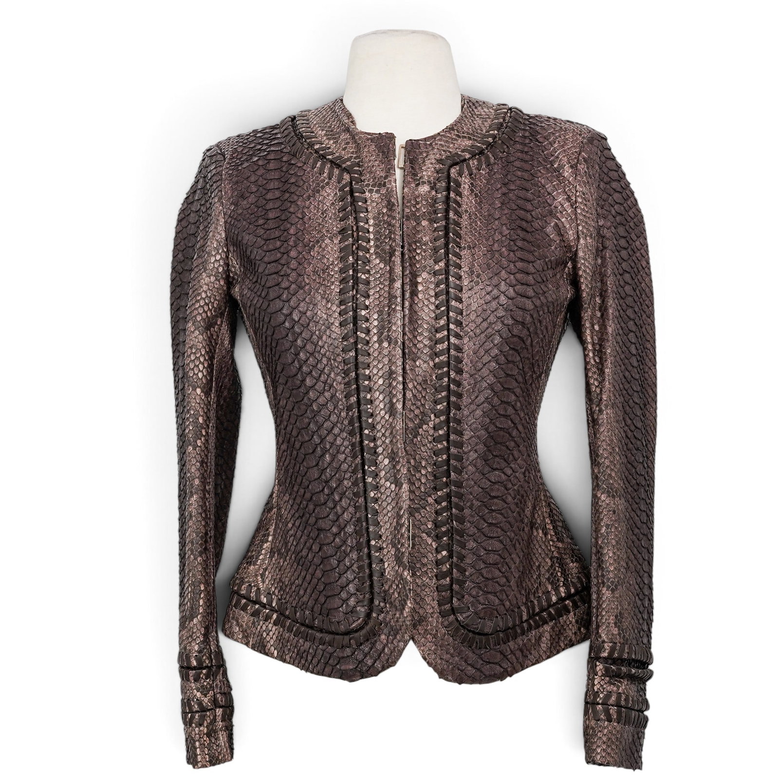 Salvatore Ferragamo Brown Python Women's Jacket: Salvatore Ferragamo Brown Python Women's Jacket 2010's, Italy Salvatore Ferragamo Women’s Jacket crafted from brown python, featuring a refined tailored design and luxurious matte finish. Retail