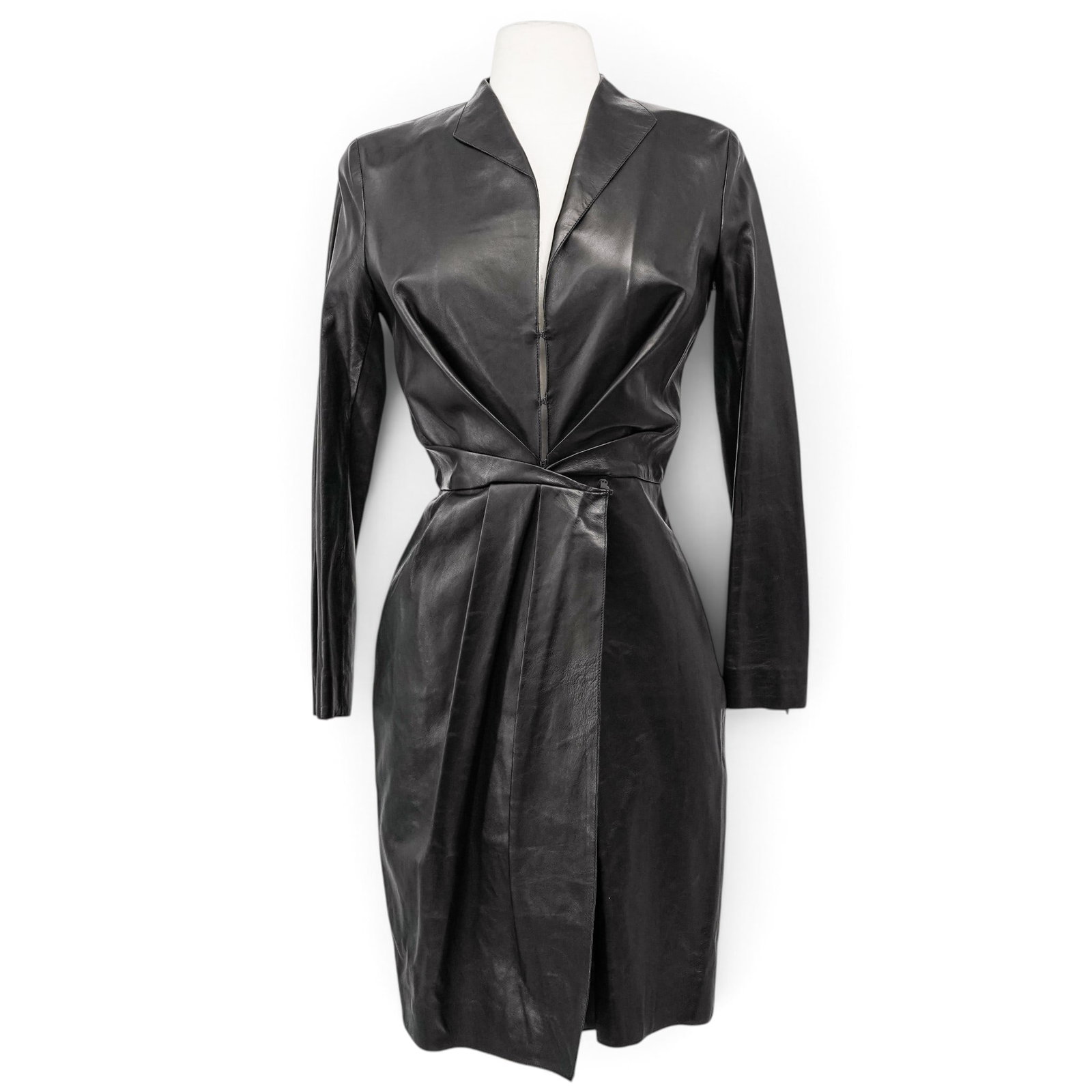 Salvatore Ferragamo Black Leather Dress: Salvatore Ferragamo Black Leather Dress 2010's, Italy Salvatore Ferragamo Women’s Dress crafted from black leather, featuring a pleated, cinched-waist design. Retail Cost: $3,900 IT Size 38 (US 2)