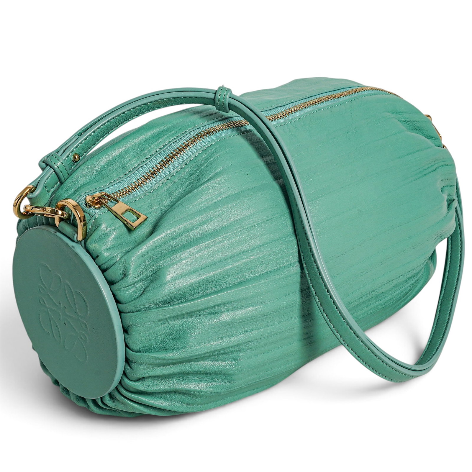 Loewe Blue Pleated Leather Bracelet Pouch Bag: Loewe Blue Pleated Leather Bracelet Pouch Bag 2023, Spain Loewe Pleated Leather Bracelet Pouch crafted from blue leather with a distinctive pleated design and signature bracelet-style handle. Retail C