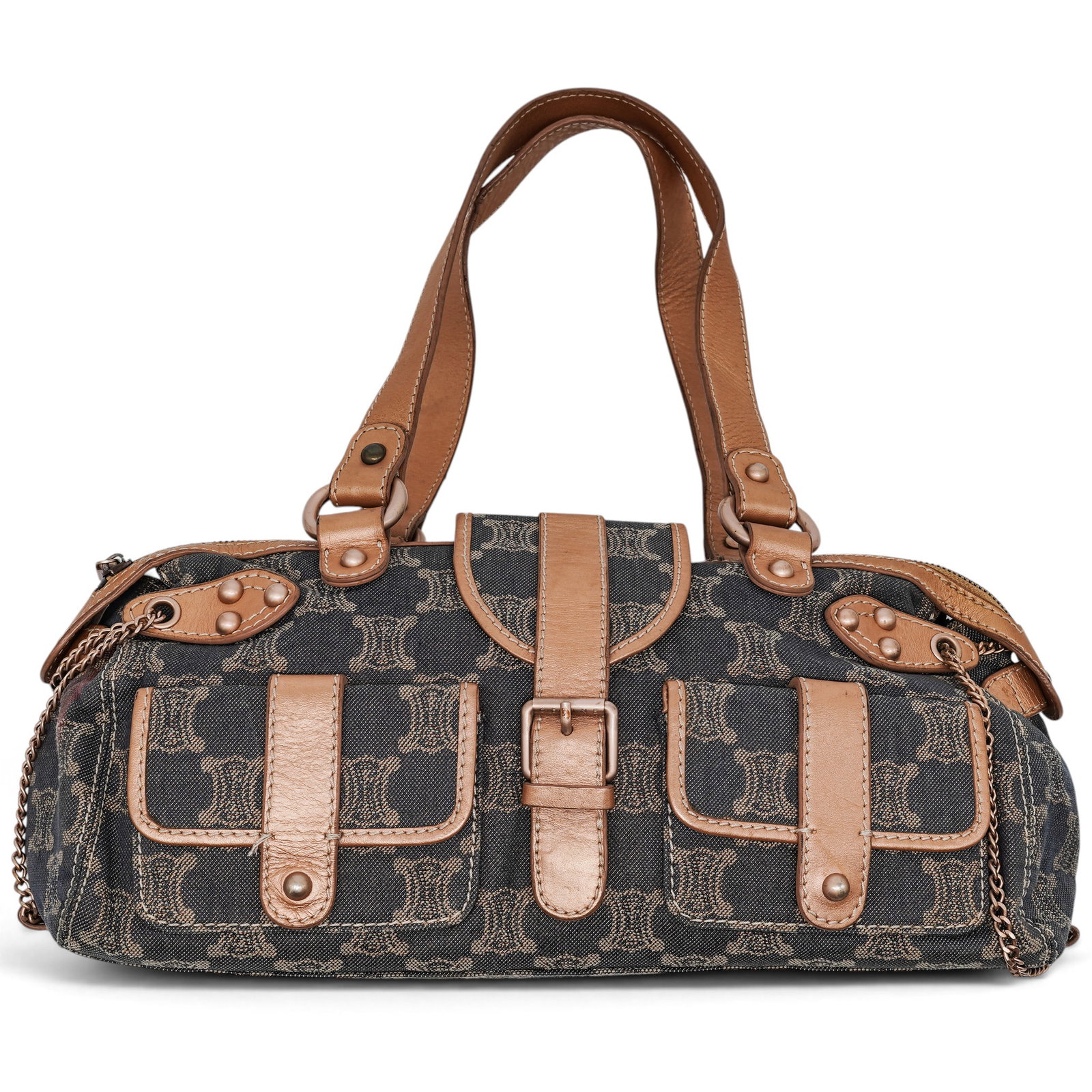 Celine Macadam Denim Shoulder Bag: Celine Macadam Denim Shoulder Bag 2000's, France Celine Macadam Denim Shoulder Bag crafted from denim with the signature Macadam pattern, featuring light rose gold-colored leather shoulder straps, lea