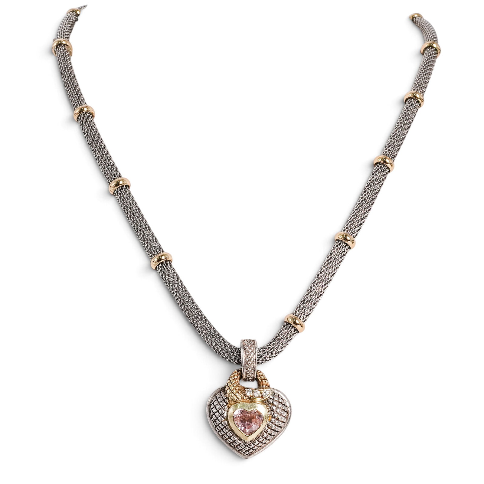 Judith Ripka .925 Silver & 18K Gold Pink Crystal Heart Necklace: Judith Ripka .925 Silver & 18K Gold Pink Crystal Heart Necklace 2000's, USA Judith Ripka Crystal Heart Necklace crafted from .925 sterling silver and 18K gold, featuring a heart-shaped pendant