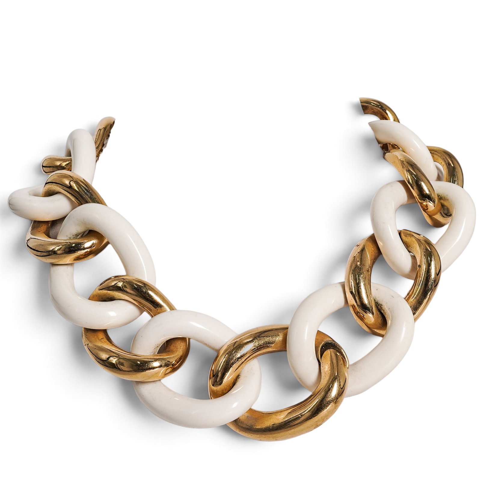 Givenchy Chunky White Acrylic & Gold-Tone Metal Link Necklace: Givenchy Chunky White Acrylic & Gold-Tone Metal Link Necklace 2020's, France Givenchy Oversized Acrylic & Gold-Tone Link Necklace featuring white acrylic links interwoven with textured gold-tone