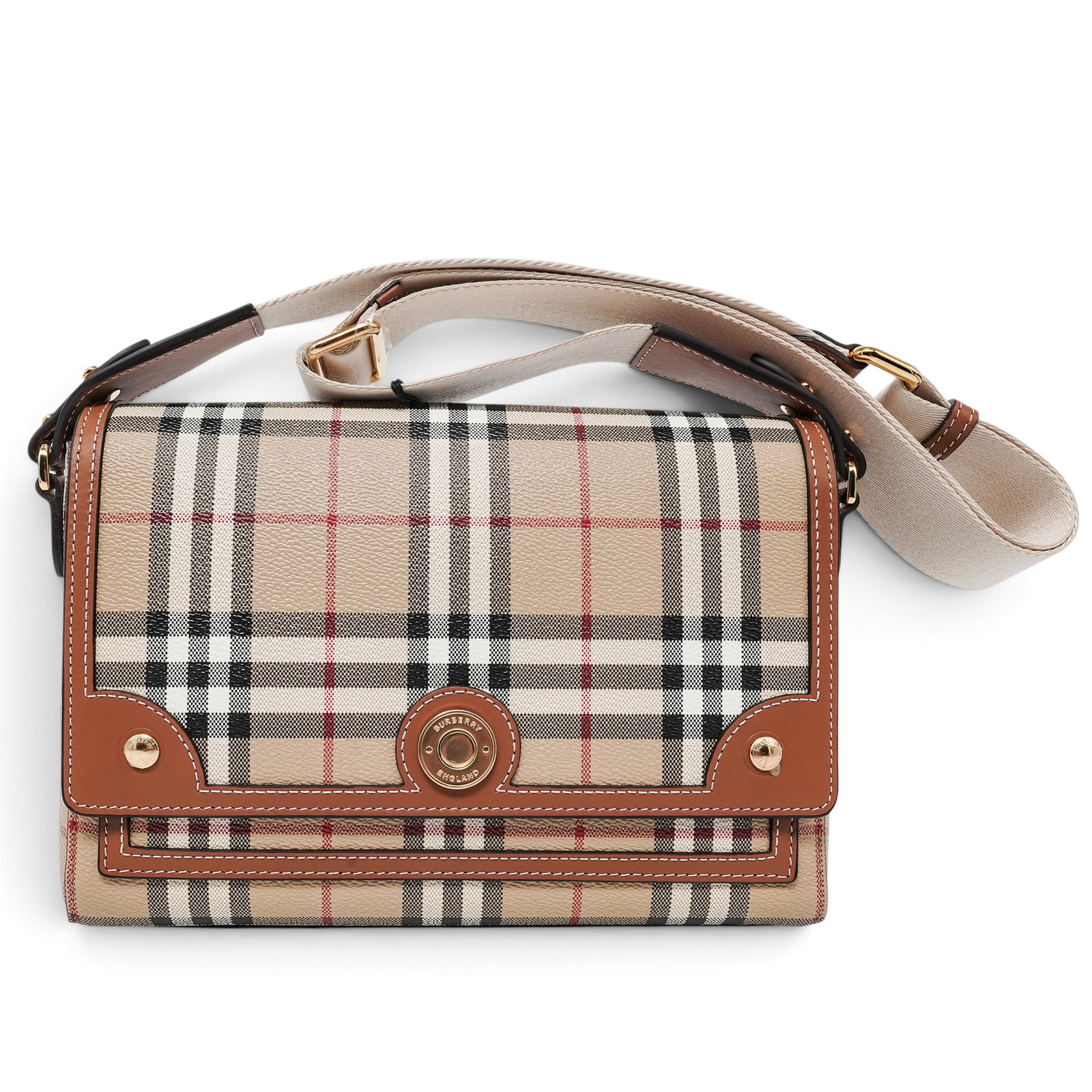 Burberry "Note" Classic Check Print Shoulder Bag: Burberry "Note" Classic Check Print Shoulder Bag 2025, England Burberry Coated Canvas Shoulder Flap Bag crafted from durable coated canvas with leather accents. Features a flap closure and adjustable 