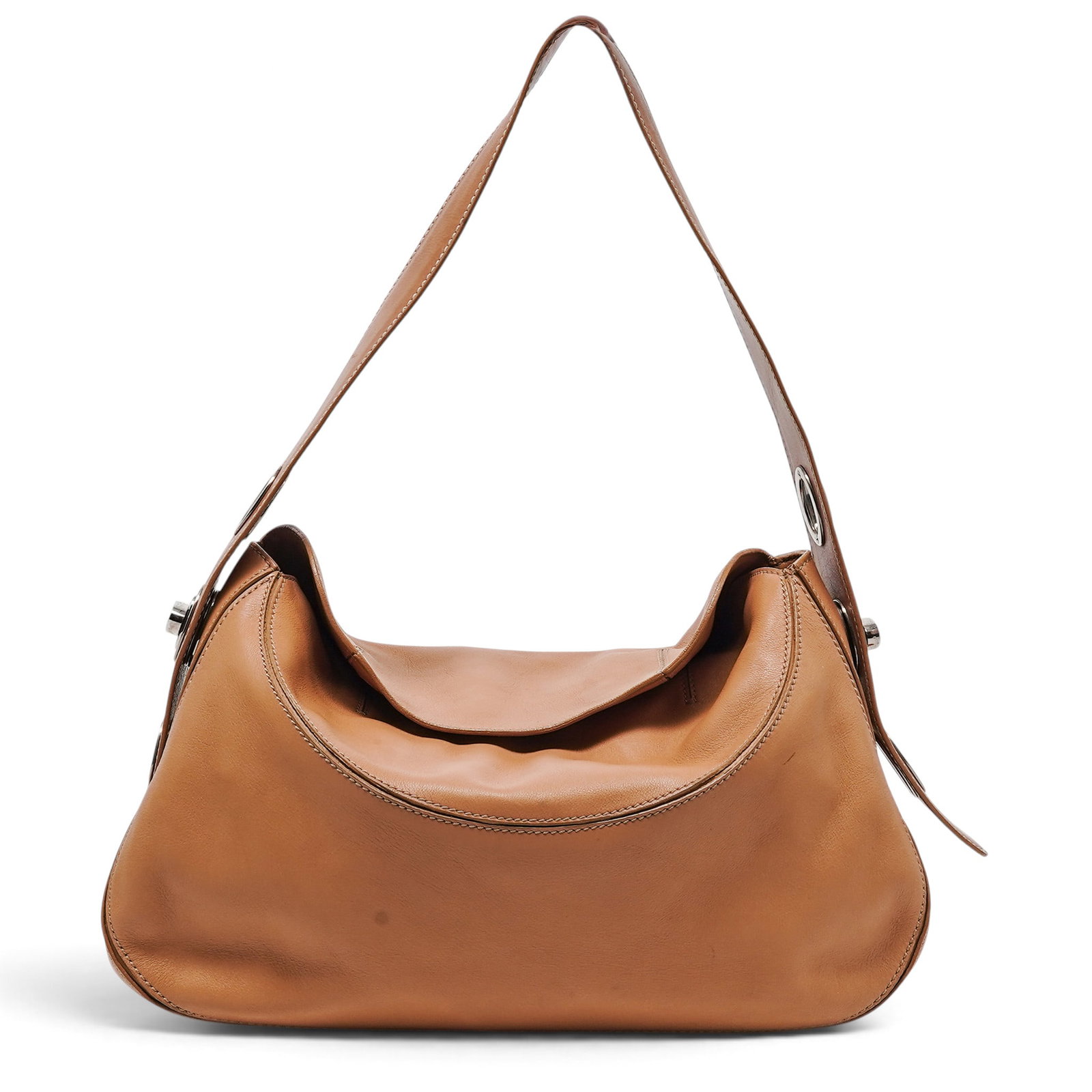 Tod's Brown Leather Hobo Bag: Tod's Brown Leather Hobo Bag 2020's, Italy This is a beige Tod's leather shoulder bag featuring contrast white stitching and a curved front flap detail. 14" L x 9" H x 3.5" D, Strap Drop: 9" - 13"