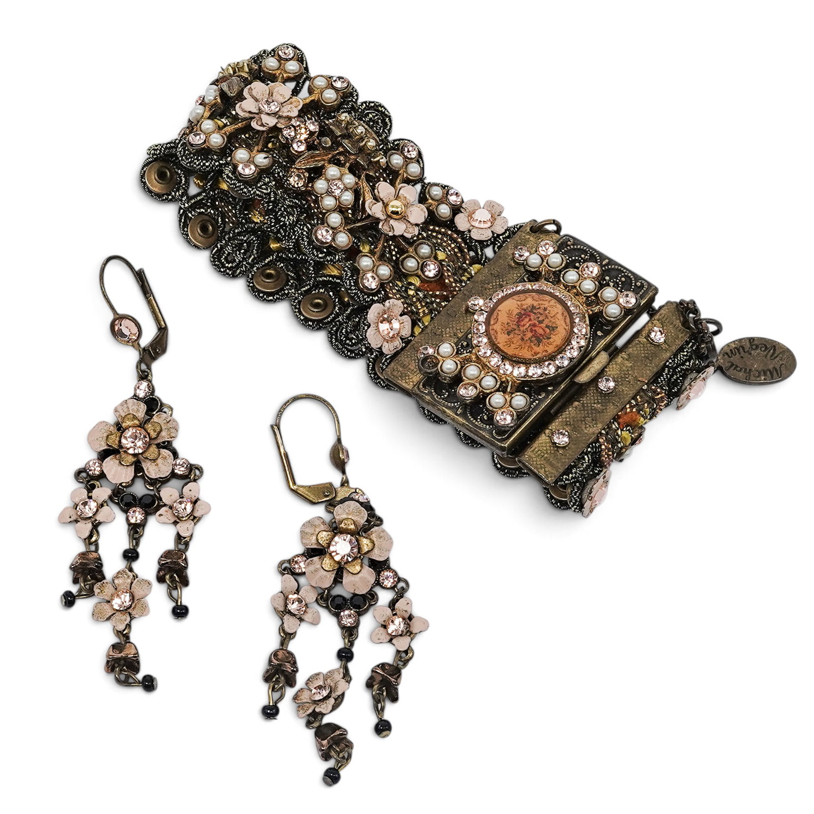 Michal Negrin Floral Rose Cuff & Earring Set: Michal Negrin Floral Rose Cuff & Earring Set 2000's, United States Michal Negrin Floral Rose Cuff & Earring Set featuring intricate antique brass rose motifs with hand-painted enamel detailing. A roma