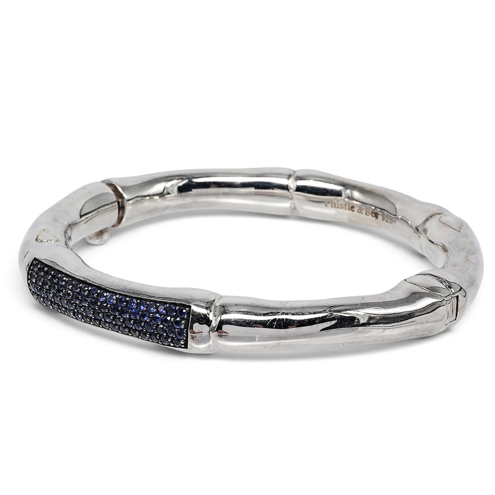 Thistle & Bee .925 Sterling Silver Pave Sapphire Bamboo Bangle: Thistle & Bee .925 Sterling Silver Pave Sapphire Bamboo Bangle 2000's, United States Thistle & Bee Bamboo Bangle crafted from .925 sterling silver with pavé sapphires, featuring textured
