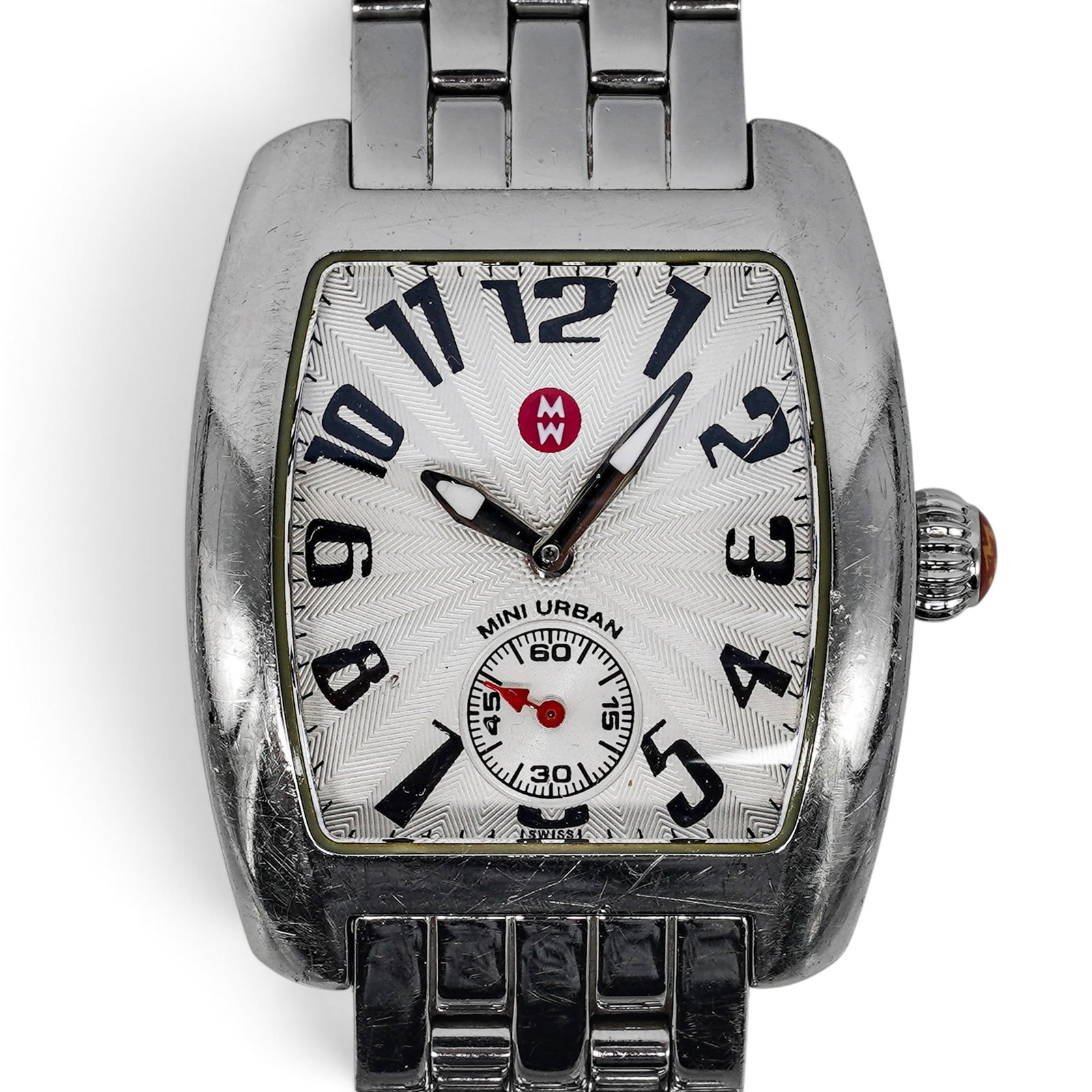 Michele "Mini Urban" Stainless Steel Watch: Michele "Mini Urban" Stainless Steel Watch 2010's, Swiss Michele Mini Urban Watch featuring a polished stainless steel tonneau-shaped case and reliable Swiss quartz movement. Compact and versatile