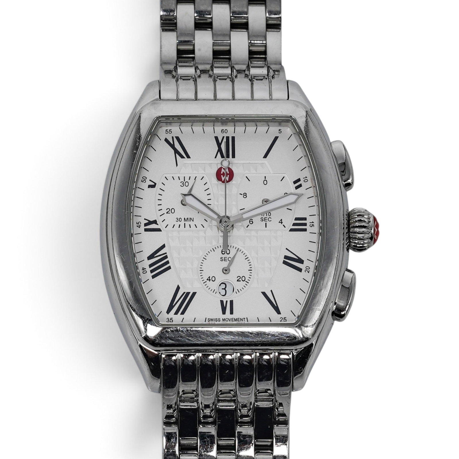 Michele "Releve" Stainless Steel Watch: Michele "Releve" Stainless Steel Watch 2010's, Swiss Michele Releve Watch featuring a polished stainless steel tonneau-shaped case and reliable Swiss quartz movement. A refined, versatile timepiece