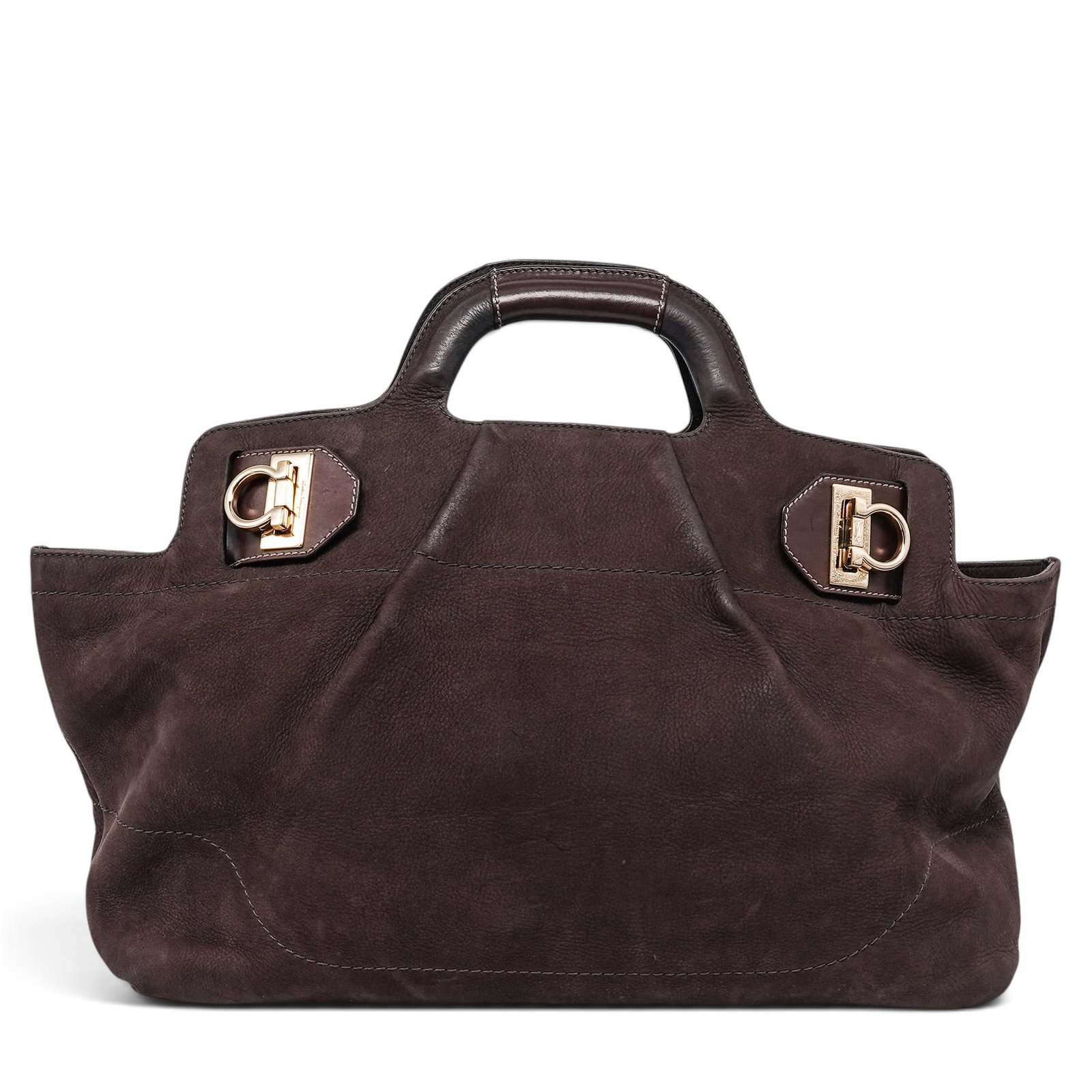 Salvatore Ferragamo Chocolate Brown Nubuck Satchel Handbag: Salvatore Ferragamo Chocolate Brown Nubuck Satchel Handbag 2010's, Italy Salvatore Ferragamo Satchel crafted from chocolate brown nubuck with a soft finish. Features rolled top handles & polished