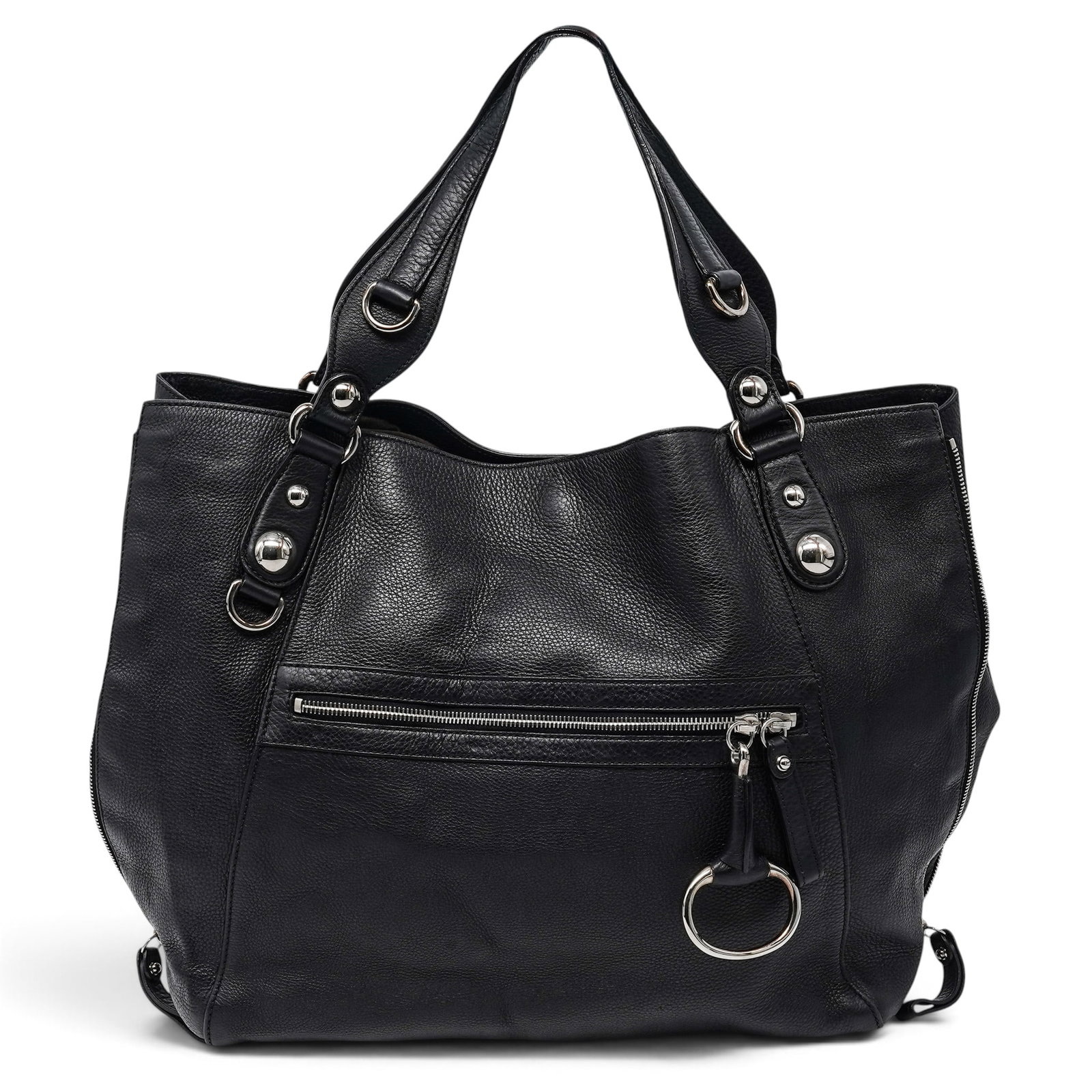 Gucci "Icon Bit" Black Pebbled Leather Tote Bag: Gucci "Icon Bit" Black Pebbled Leather Tote Bag 2010's, Italy Gucci Horsebit Tote Bag crafted from black pebbled leather, featuring the signature Horsebit hardware, top handles, side zippers to