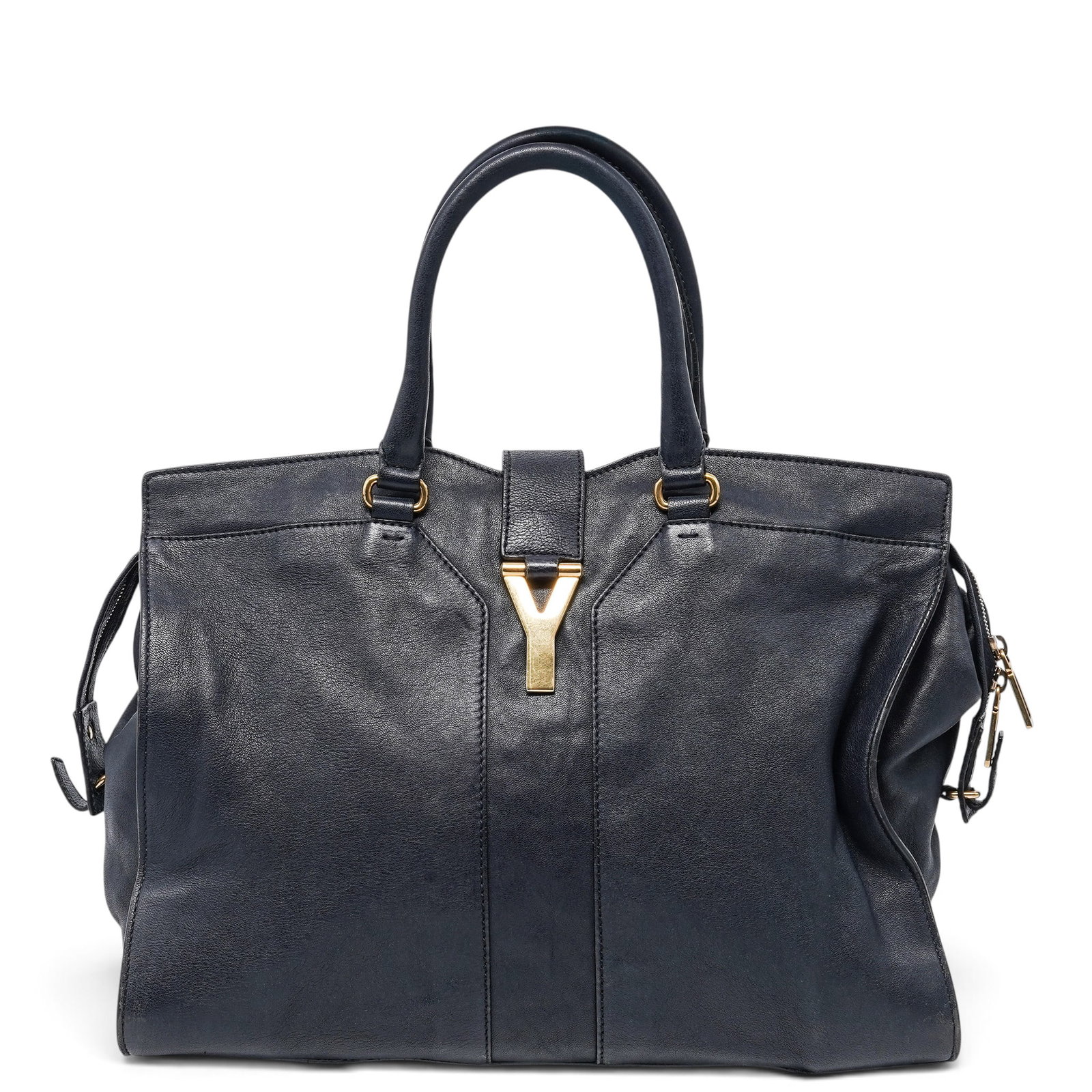 Saint Laurent Blue "Cabas Chic Y" Tote Large: Saint Laurent Blue "Cabas Chic Y" Tote Large 2010's, France Saint Laurent Blue Cabas Chic Y Tote Large in leather with the signature YSL logo on the front and double top handles. 15.5" L x 11" H x