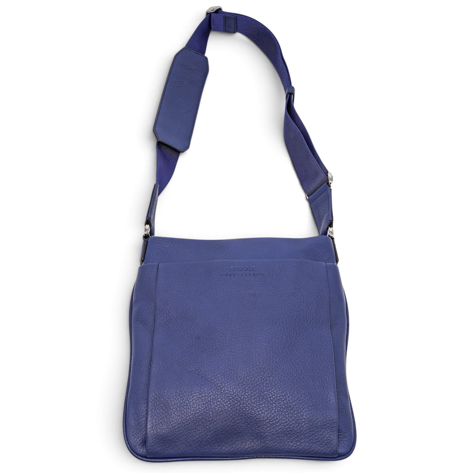 Bally Blue Pebbled Leather Crossbody Bag: Bally Blue Pebbled Leather Crossbody Bag 2020's, Swiss Bally Crossbody Bag crafted from blue pebbled leather, featuring a compact silhouette, adjustable shoulder strap, and polished hardware. 10.5" L