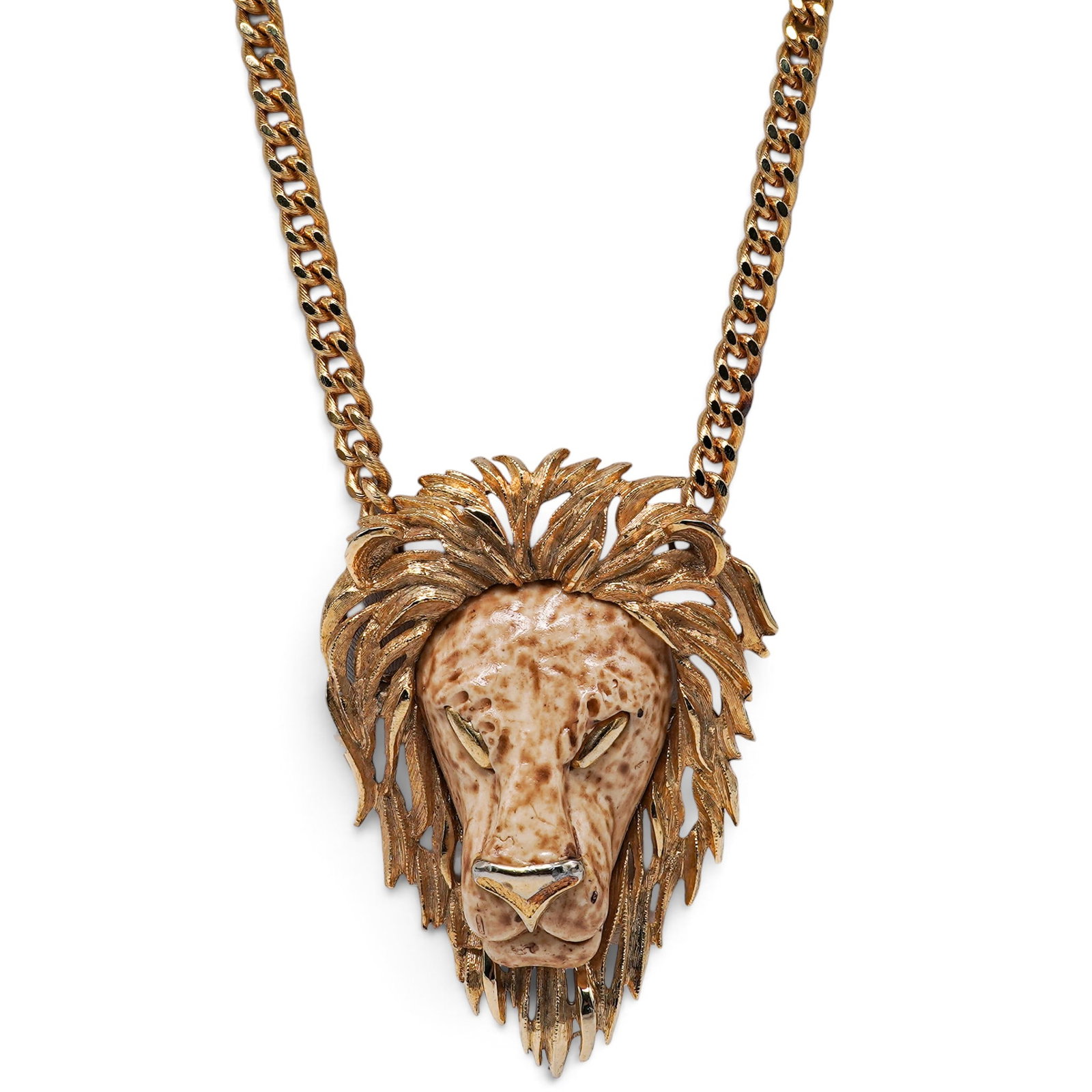 Luca Razza Gold Leo Lion Head Chain Necklace: Luca Razza Gold Leo Lion Head Chain Necklace 1970's, France Luca Razza Leo necklace with gold-tone chain and large sculptural lion head pendant, designed with a cream-tone face, stylized eyes, and
