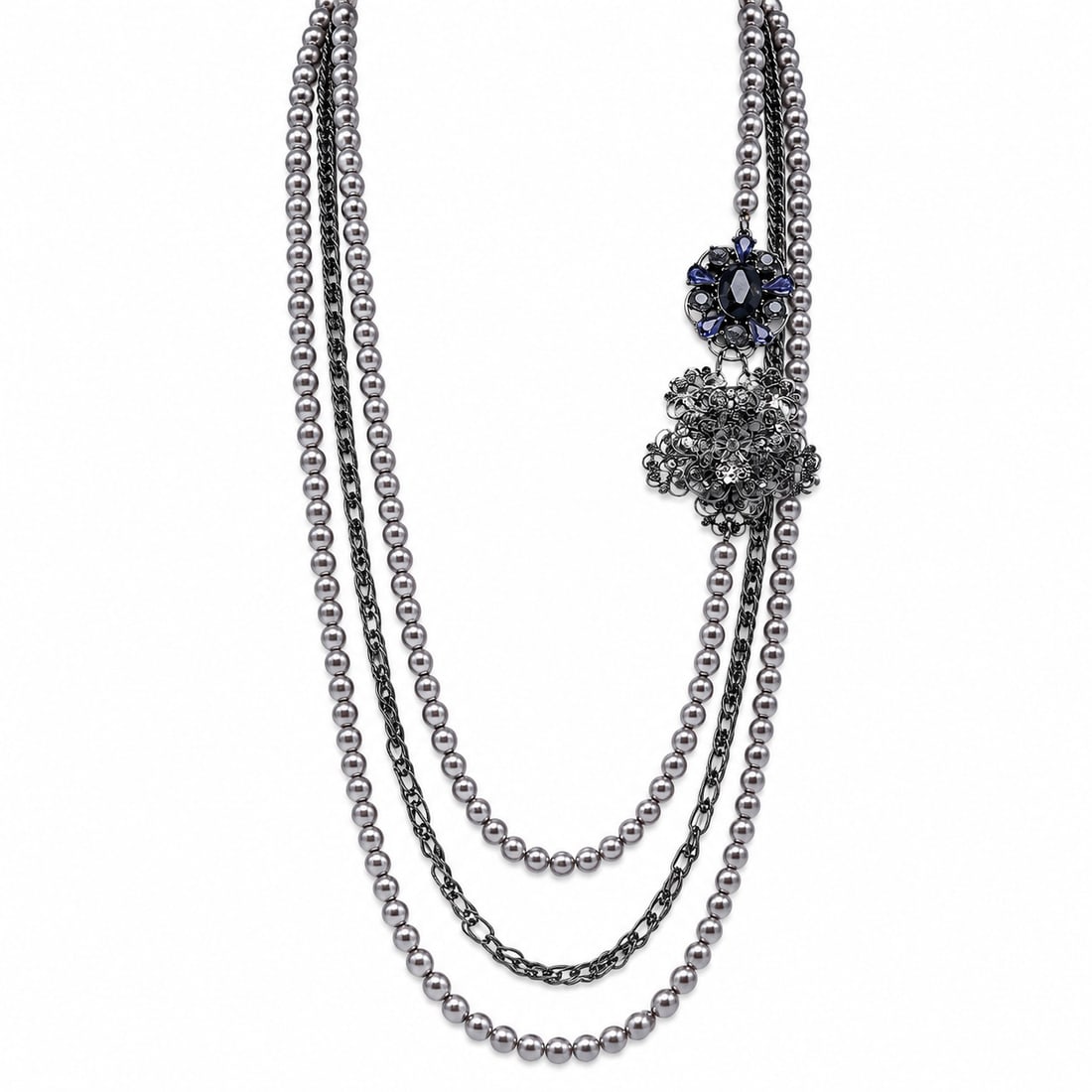 Costume Pearl & Gemstone Floral Necklace: Costume Pearl & Gemstone Floral Necklace 2010's, USA Costume pearl and gemstone floral necklace featuring floral-shaped accents with simulated gemstones and faux pearl strands. 31" Long