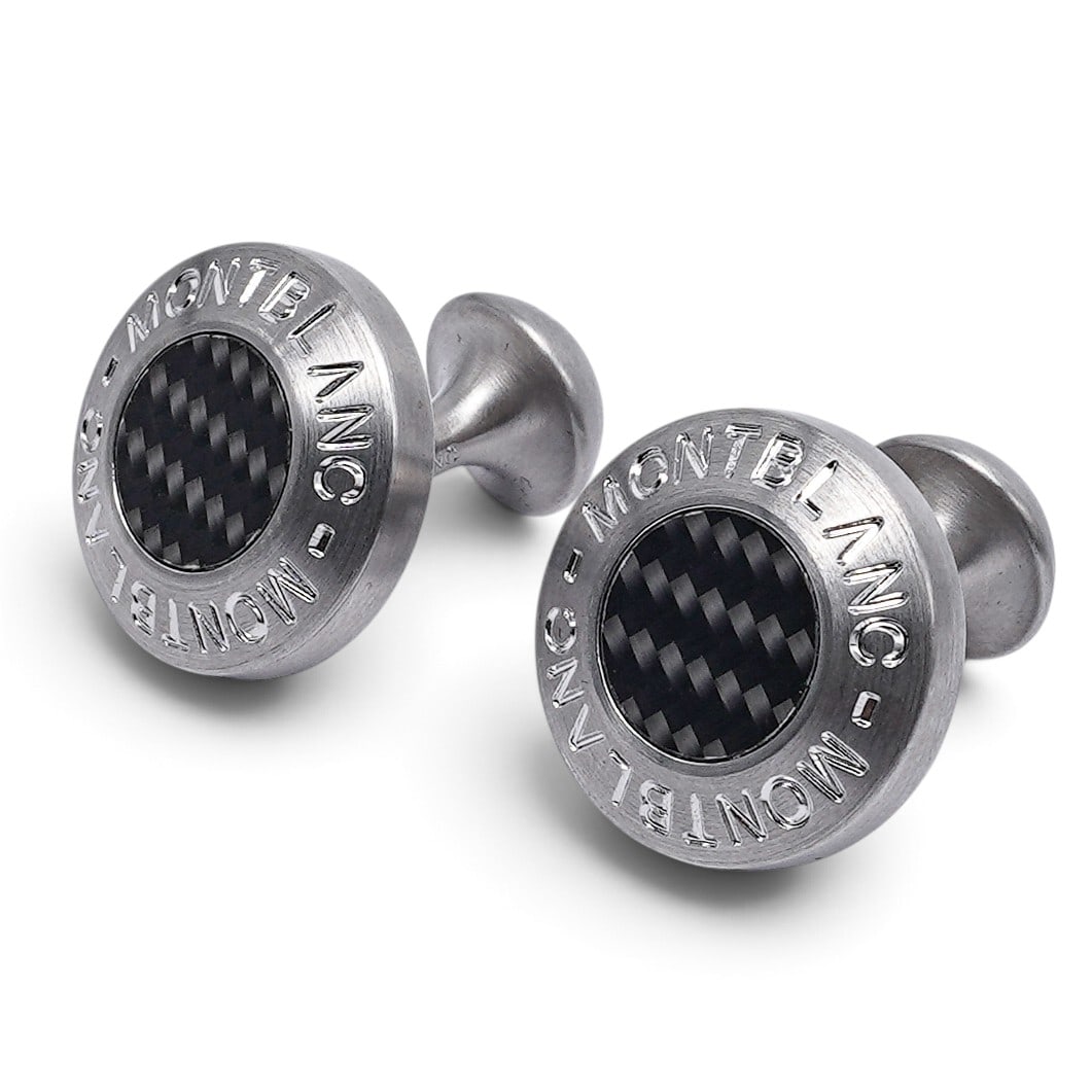 Montblanc Carbon Round Large Cufflinks: Montblanc Carbon Round Large Cufflinks 2010's, German Montblanc round cufflinks with silver-tone hardware, black carbon-fiber center panels, fixed post backs, original Montblanc box, outer box, and