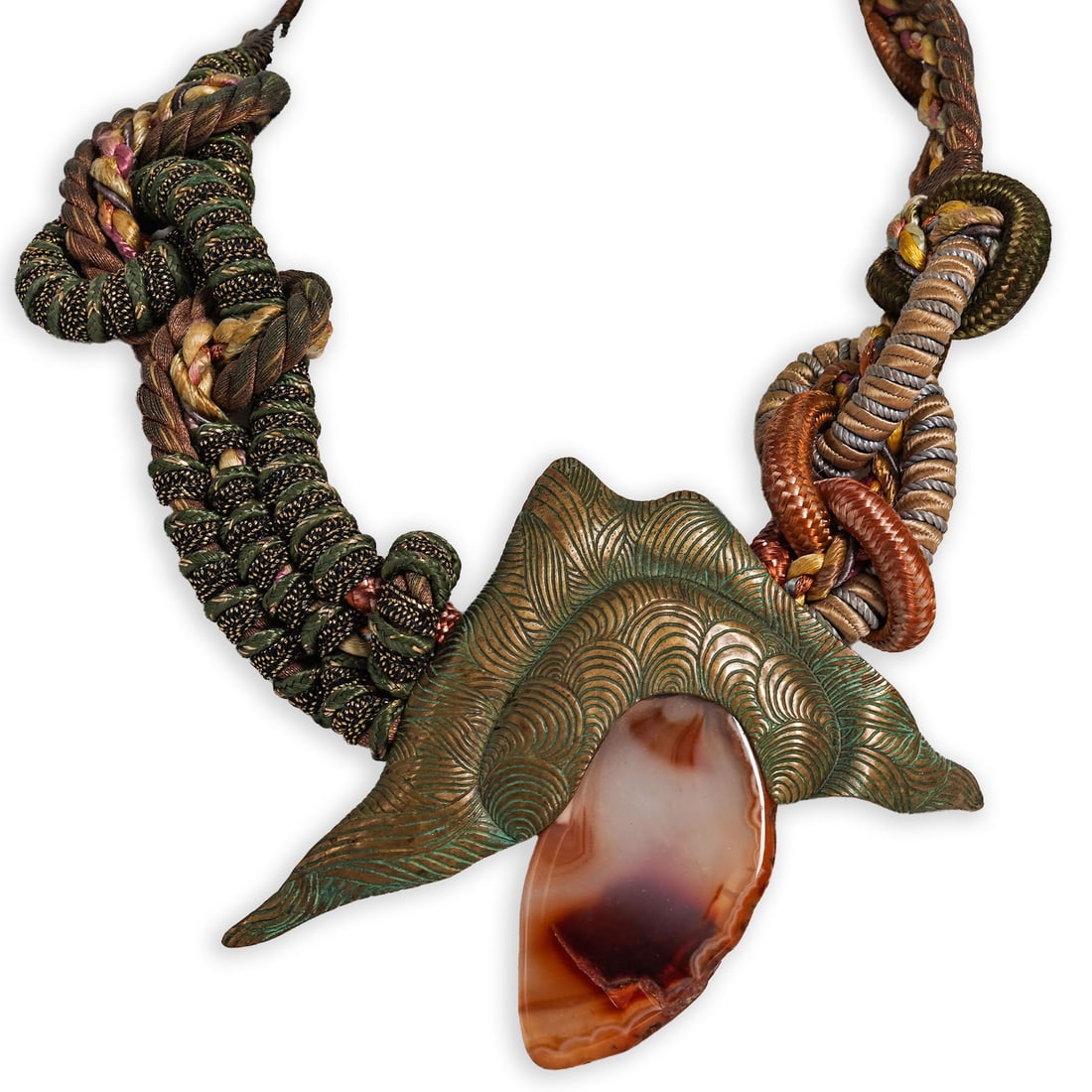 Alex & Lee Statement Gemstone Necklace: Alex & Lee Statement Gemstone Necklace 1970's, New York Alex & Lee Statement Gemstone Necklace featuring an array of colorful cords and gemstone accents in a bold, layered design. Necklace: 16,