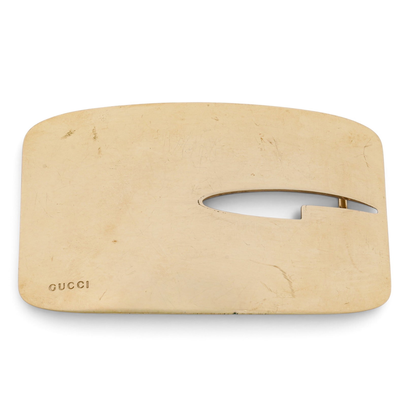 Gucci Gold G Belt Buckle Tom-Ford Era: Gucci Gold G Belt Buckle Tom-Ford Era 2000's, Italy Gucci G Belt Buckle from the Tom Ford era, crafted in gold-tone metal with a sculptural G motif. 4.5" L x 2.75" H