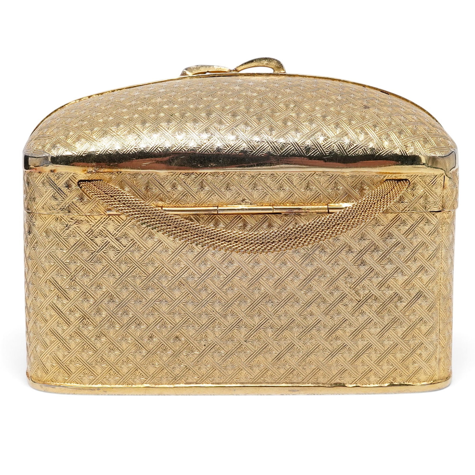 Walborg Gold Metal Frame Mini Evening Bag: Walborg Gold Metal Frame Mini Evening Bag 1960's, Italy Walborg gold metal frame mini evening bag with a structured metal frame and gold-tone chain straps. 4.75" L x 3.25" H x 3.25" D, Handle Drop: