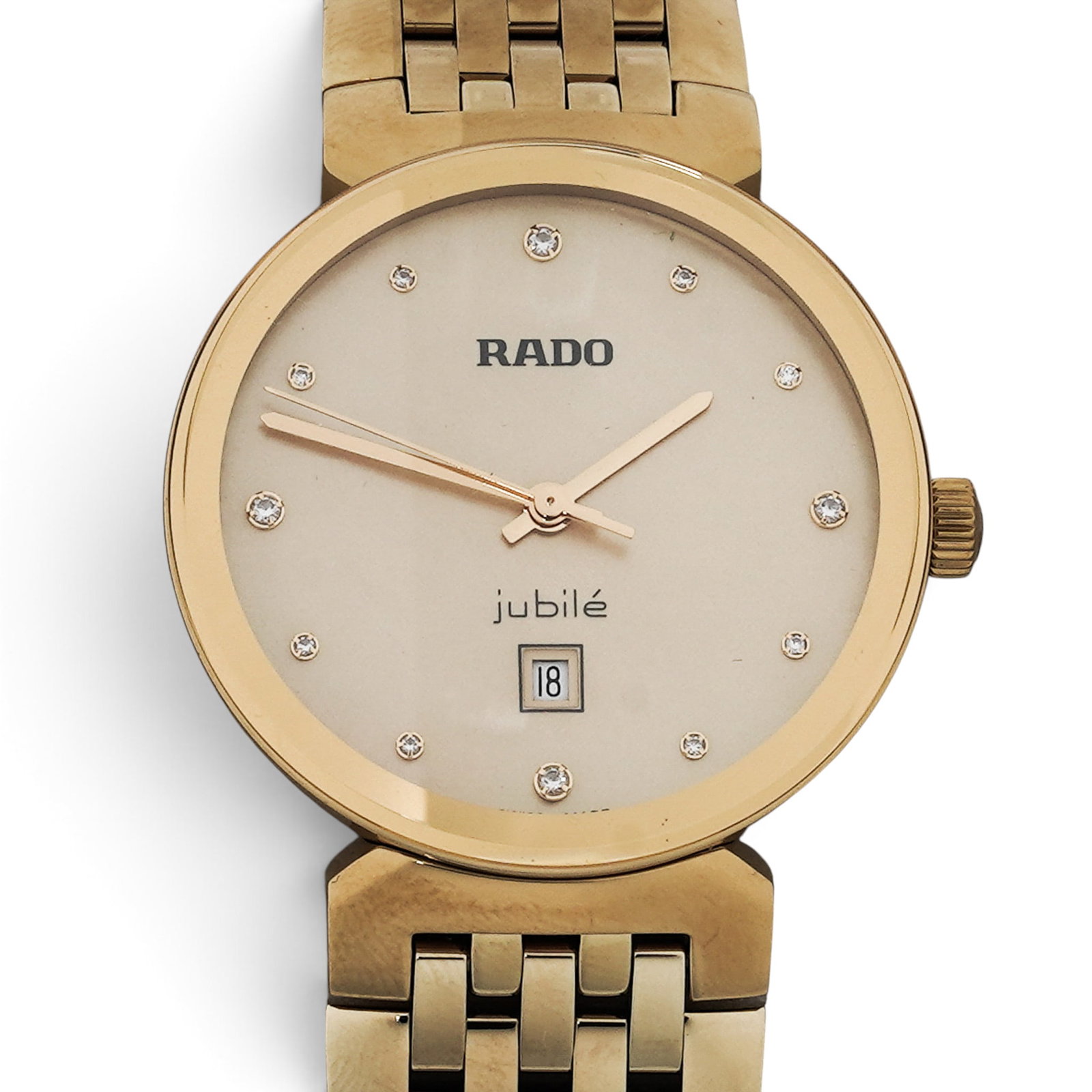 Rado Gold-Tone "Florence" Diamond Mother of Pearl Watch: Rado Gold-Tone "Florence" Diamond Mother of Pearl Watch 2025, Swiss Rado Florence Watch featuring a 30mm gold-tone PVD-coated stainless steel case and bracelet, mother-of-pearl dial with 12 diamonds,