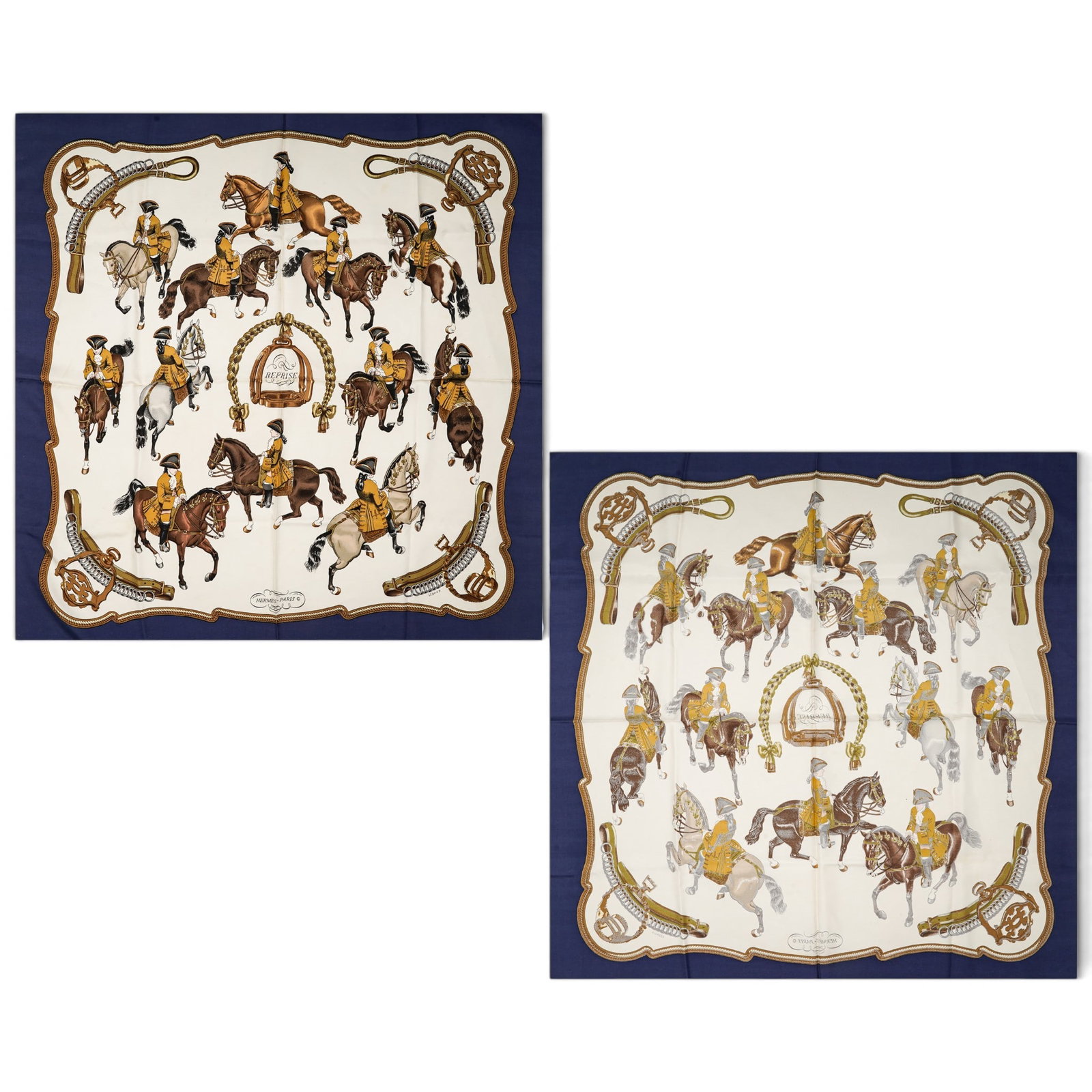 2 (pc) Hermes "Reprise" & "Les Voitures A Transformation" Blue Printed Silk Scarves: 2 (pc) Hermes "Reprise" & "Les Voitures A Transformation" Blue Printed Silk Scarves 2000's, France This lot consists of 2 90cm Hermes 100% Silk Scarves. 90cm x 90cm each