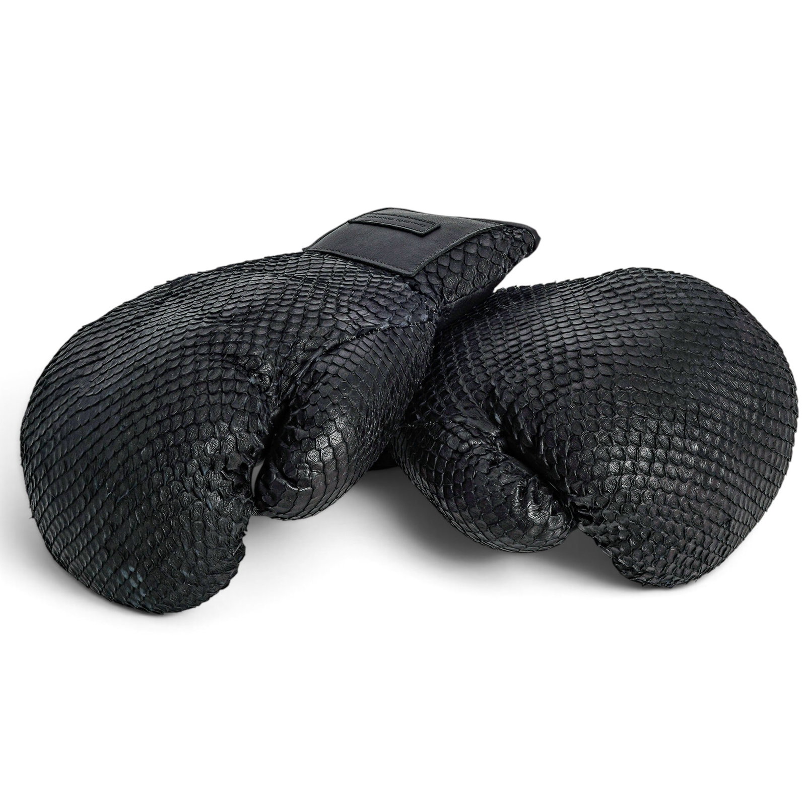 Elisabeth Weinstock Matte Black Snakeskin Boxing Gloves: Elisabeth Weinstock Matte Black Snakeskin Boxing Gloves 2010's, Los Angeles Elisabeth Weinstock black python boxing gloves trimmed in black leather with an adjustable wrist closure. 8" W x 13" H
