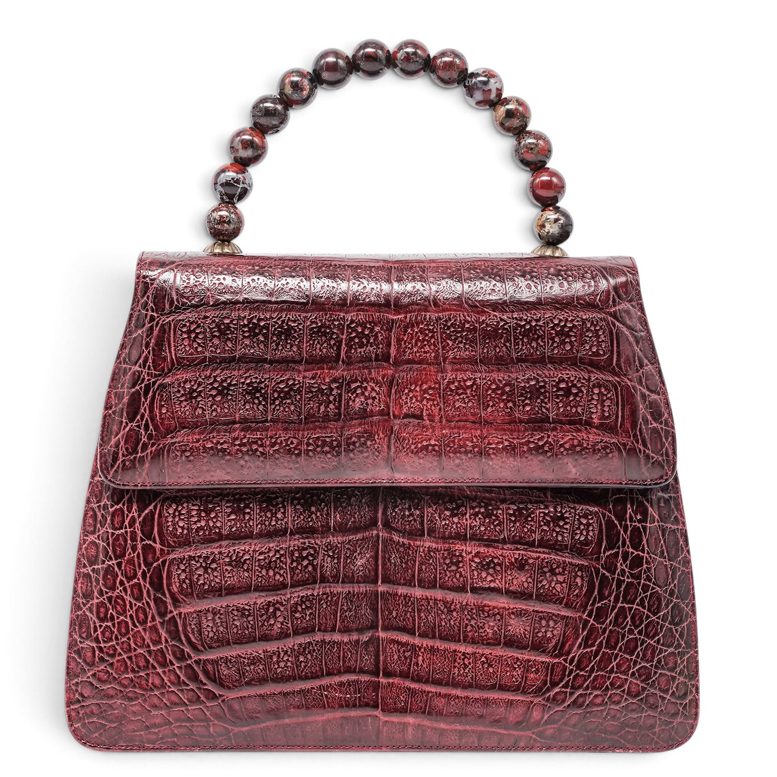Darby Scott Brown Alligator Beaded Stone Handbag: Darby Scott Brown Alligator Beaded Stone Handbag 2000's, USA Darby Scott Handbag crafted from brown alligator. Features a structured silhouette and deep red beaded stone top handle. 8.5" L x 7.5" H x