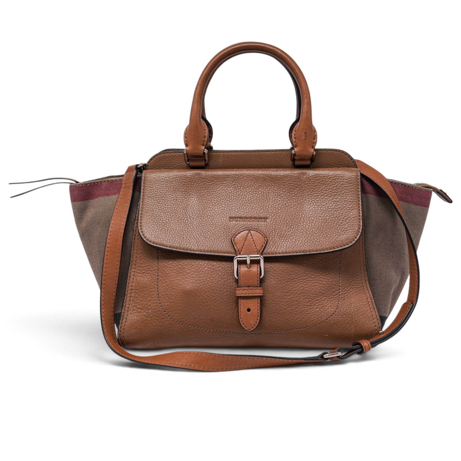 Burberry "Harcourt" Brown Check Grained Calfskin Tote Bag: Burberry "Harcourt" Brown Check Grained Calfskin Tote Bag 2010's, England Burberry Harcourt Tote crafted from brown check grained calfskin, featuring the House’s signature check pattern, structured