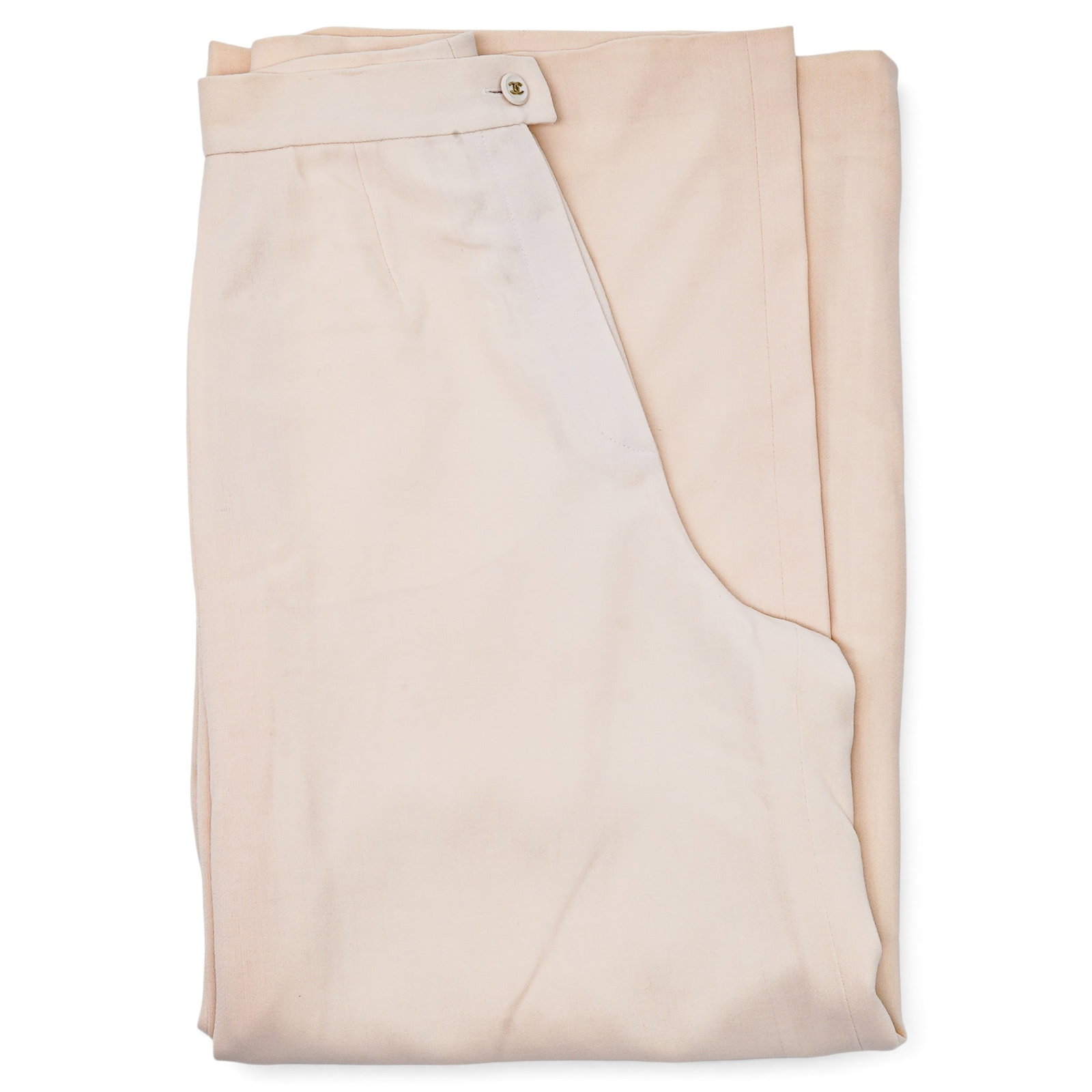 Chanel Cream Wool/Silk Wide Leg Pants: Chanel Cream Wool/Silk Wide Leg Pants 1995, France Chanel cream wool and silk wide-leg pants featuring a tailored silhouette and wide-leg design. FR Size 42 (US 10). Inseam: 28.75"