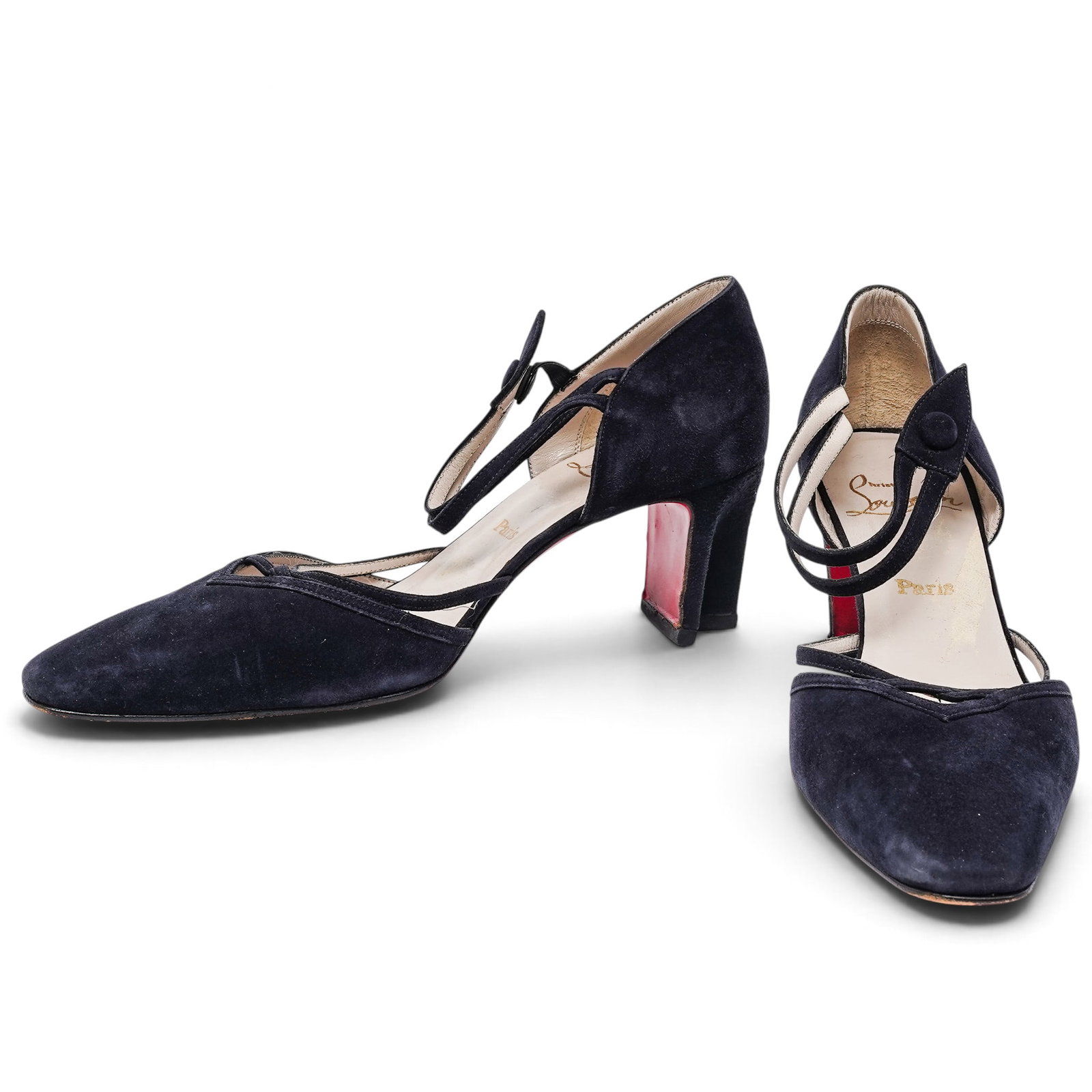 Christian Louboutin Black Suede Kitten Heels: Christian Louboutin Black Suede Kitten Heels 2000's, France Christian Louboutin black suede kitten heels featuring a squared pointy toe and signature red lacquered soles. Size 35.5, (US 5.5)