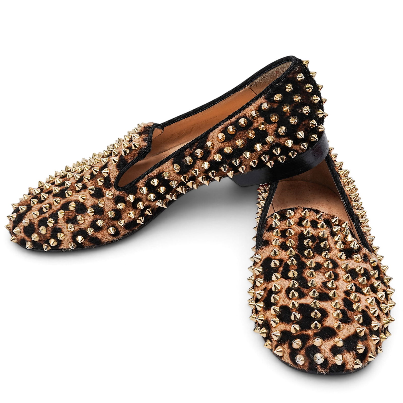 Christian Louboutin Womens "Rolling Spikes Flat" Shoes: Christian Louboutin Womens "Rolling Spikes Flat" Shoes 2011, France A pair of Christian Louboutin women's rolling spikes flat shoes featuring a striking multicolor leopard pattern pony hair upper