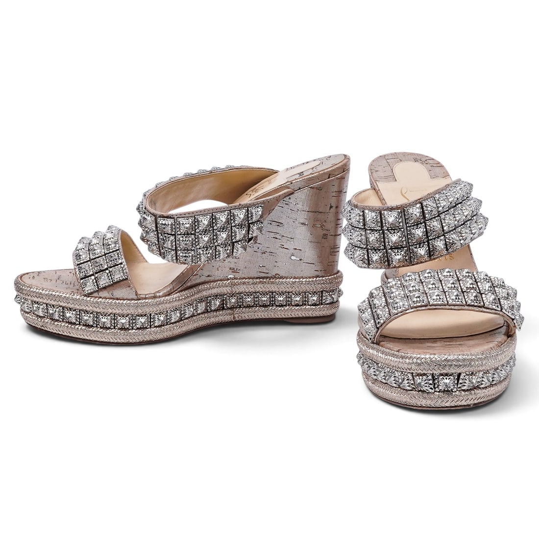 Christian Louboutin Ecu Spike Wedges: Christian Louboutin Ecu Spike Wedges 2010's, France Property of a Real Housewife of Miami: Lea Black Christian Louboutin Ecu Spike wedges featuring black leather, signature spike embellishments, and