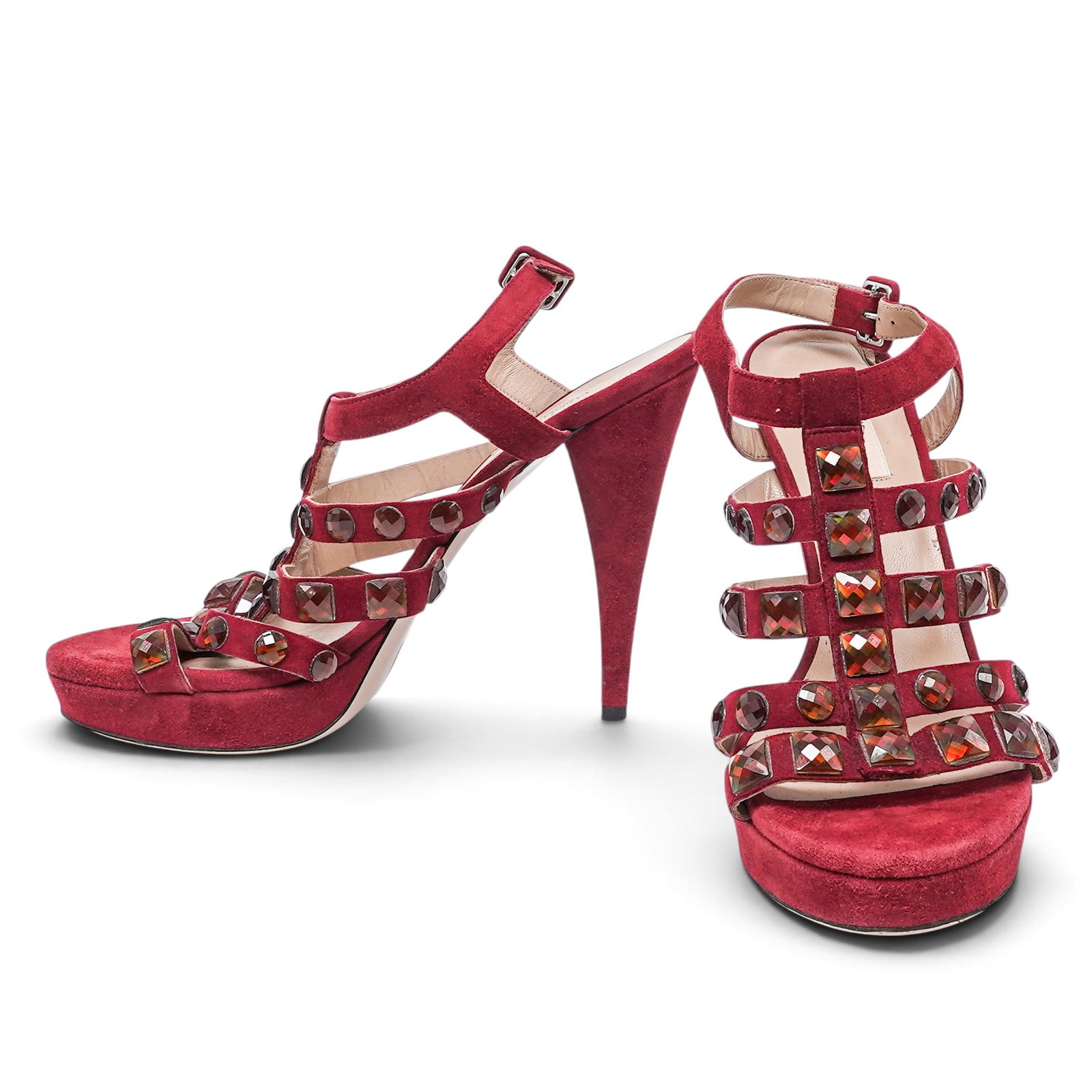 Valentino Red Suede Gemstone-Studded Heels: Valentino Red Suede Gemstone-Studded Heels 2000's, Italy Property of a Real Housewife of Miami: Lea Black Valentino Garavani red suede gemstone-studded heels featuring gemstone embellishments and