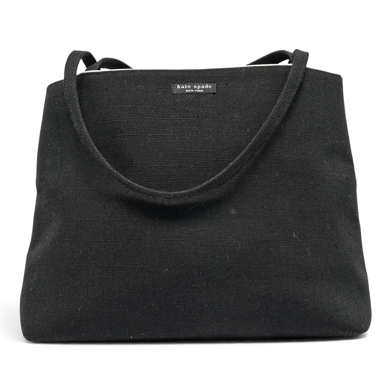 Kate Spade Black Cotton Canvas Tote Bag: Kate Spade Black Cotton Canvas Tote Bag 2000's, USA Kate Spade black cotton canvas tote bag with a gingham printed lining and Kate Spade logo plaque on the front. 11.5" L x 10" H x 4" D, Strap Drop: 1