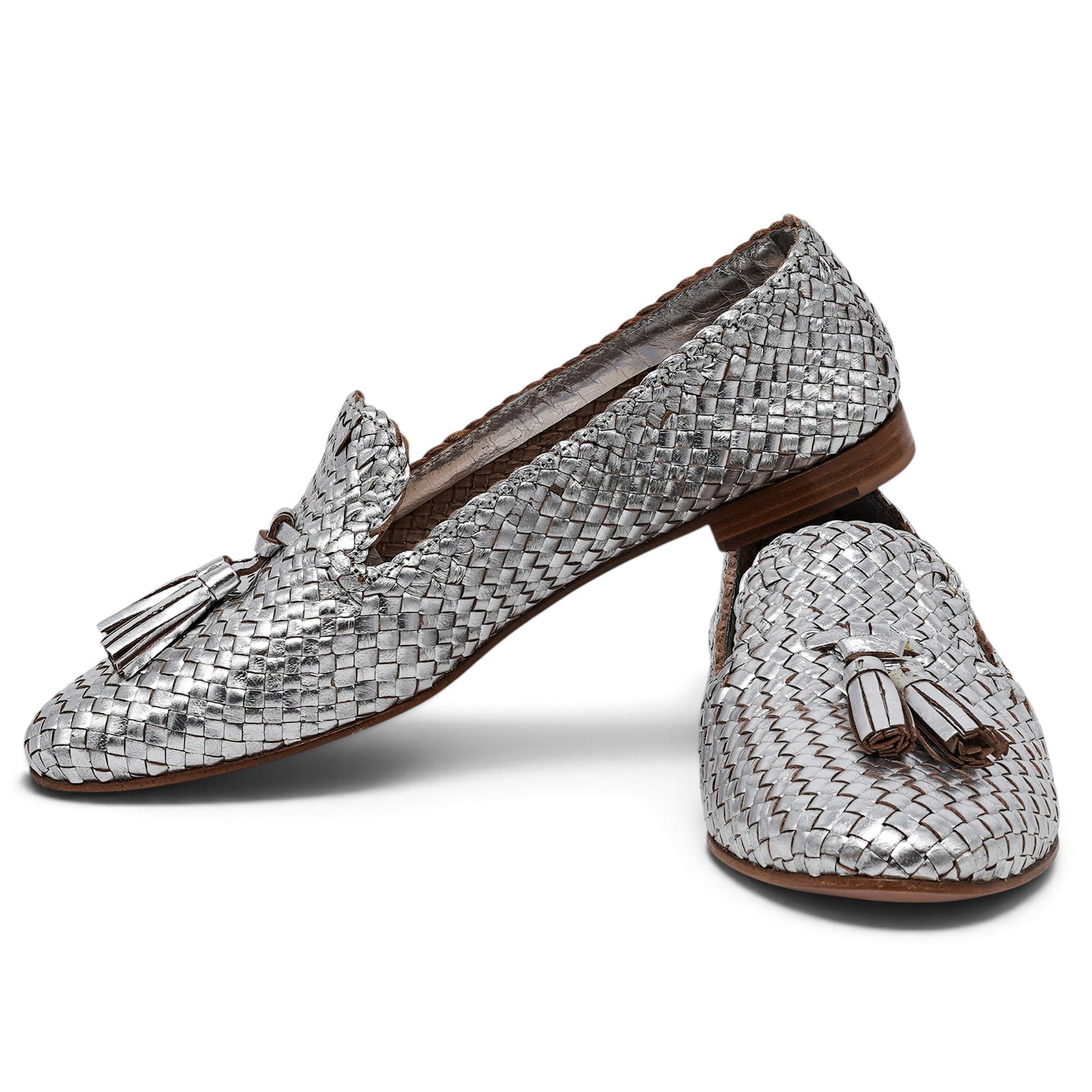 Prada Silver Braided Leather Women's Tassel Loafers (1 of 6)