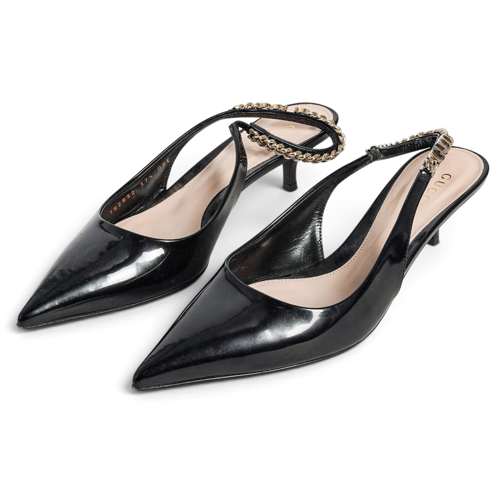 Gucci "Signoria" Black Patent Leather Slingback Kitten Heels: Gucci "Signoria" Black Patent Leather Slingback Kitten Heels 2020's, Italy Gucci Signoria Sling-back Pumps in black patent leather with a sharp pointed toe and a glamorous gold-tone curb chain accenti