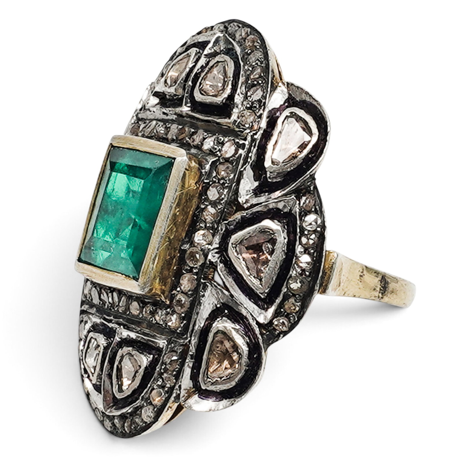 Indian Sterling Silver, Gold, Emerald and Diamond Ring (1 of 6)
