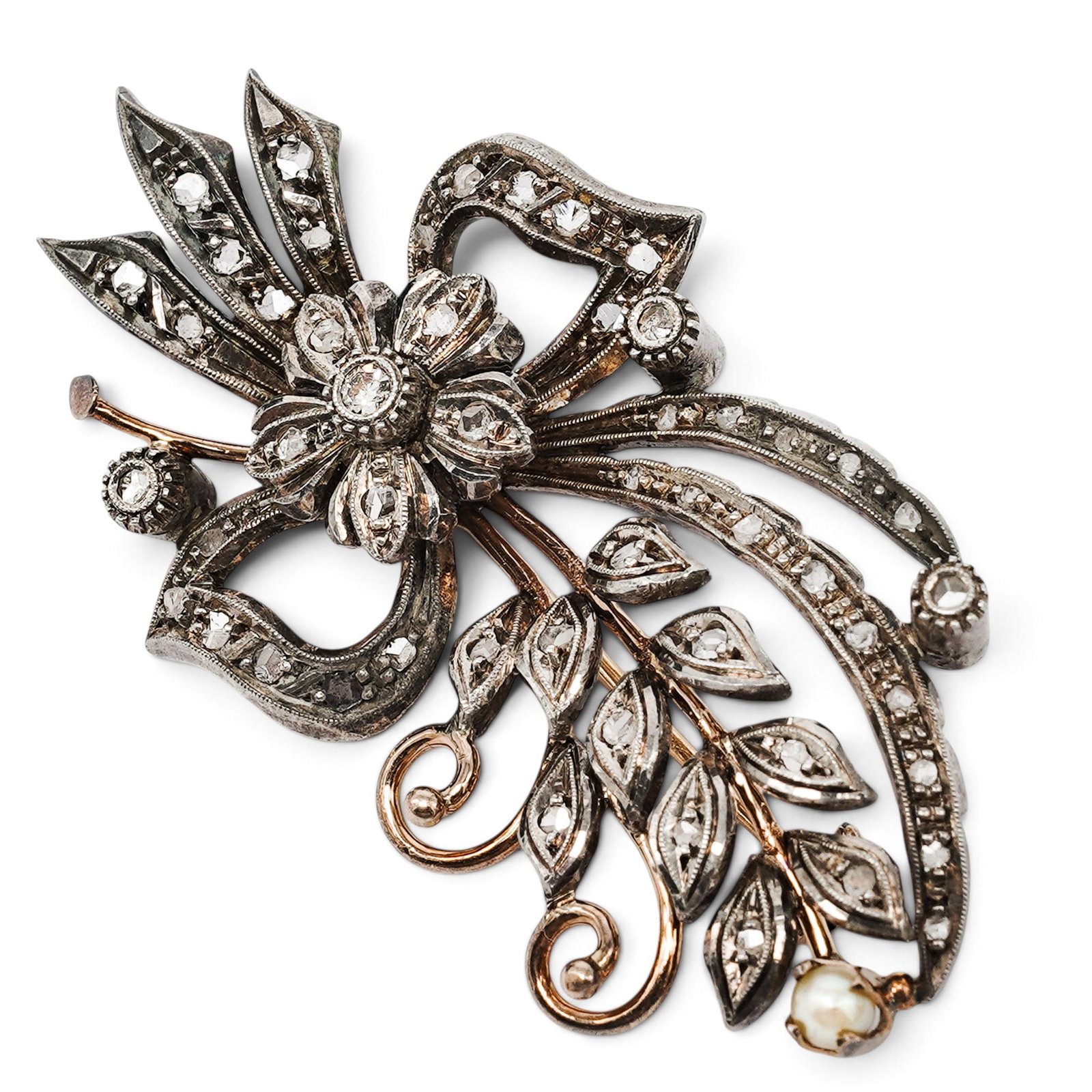 Antique Edwardian 14K Gold Silver Rose-Cut Diamond Pearl Brooch: Antique Edwardian 14K Gold Silver Rose-Cut Diamond Pearl Brooch Early 20th Century Artist/Designer/Manufacturer: Unknown Marking(s); notes: Pin stem with partially legible marks; tests as 14K gold Mat