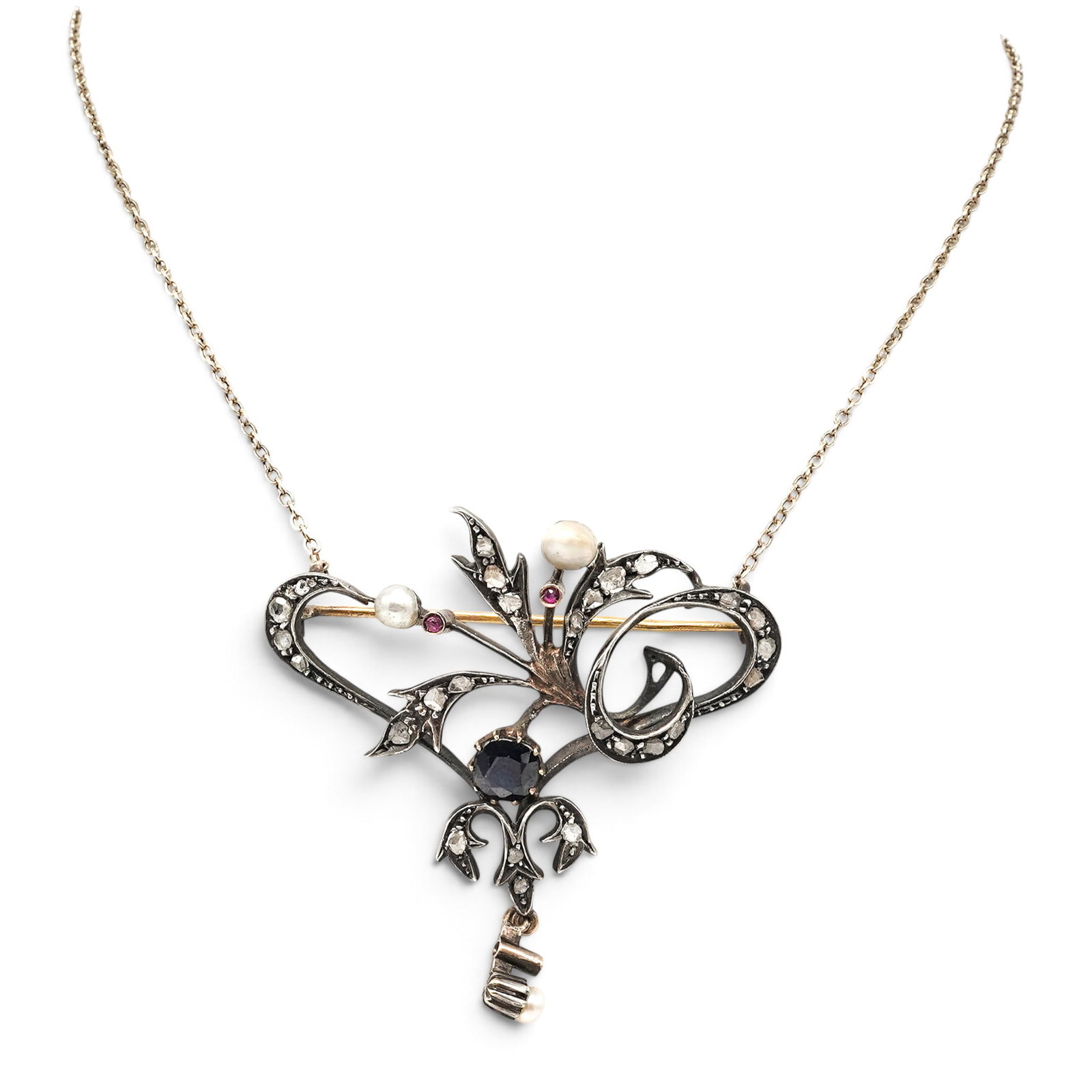 Edwardian Gold, Sterling Silver, Rosecut Diamond and Sapphire Pendant Brooch Necklace (1 of 4)