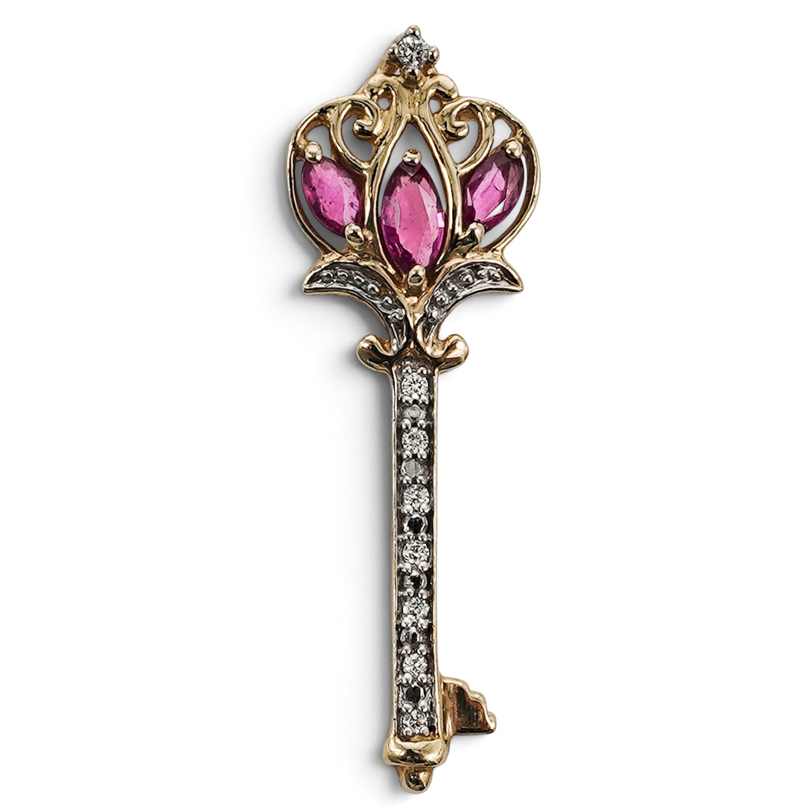 Signed 14K Gold Ruby and Diamond Key Pendant Brooch: Signed 14K Gold Ruby and Diamond Key Pendant Brooch Contemporary 14K yellow gold key-form pendant brooch with openwork crown top, three marquise-cut rubies, round diamond accents and pendant bail. Sto