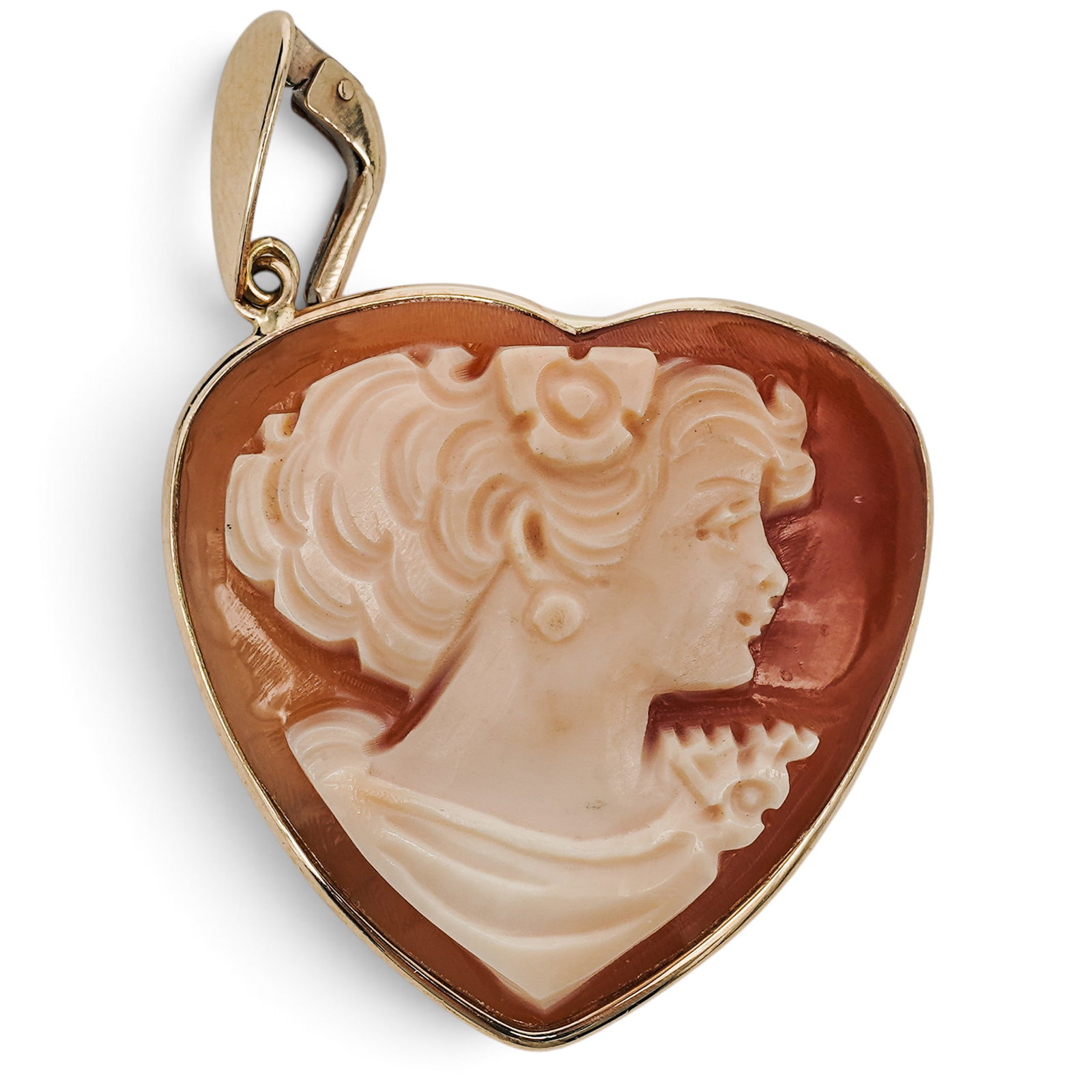 14K Gold Shell Cameo Heart Pendant Brooch: 14K Gold Shell Cameo Heart Pendant Brooch Contemporary, Italian 14K yellow gold heart-form pendant brooch centering a carved shell cameo profile of a woman, with polished gold bezel frame with pendant