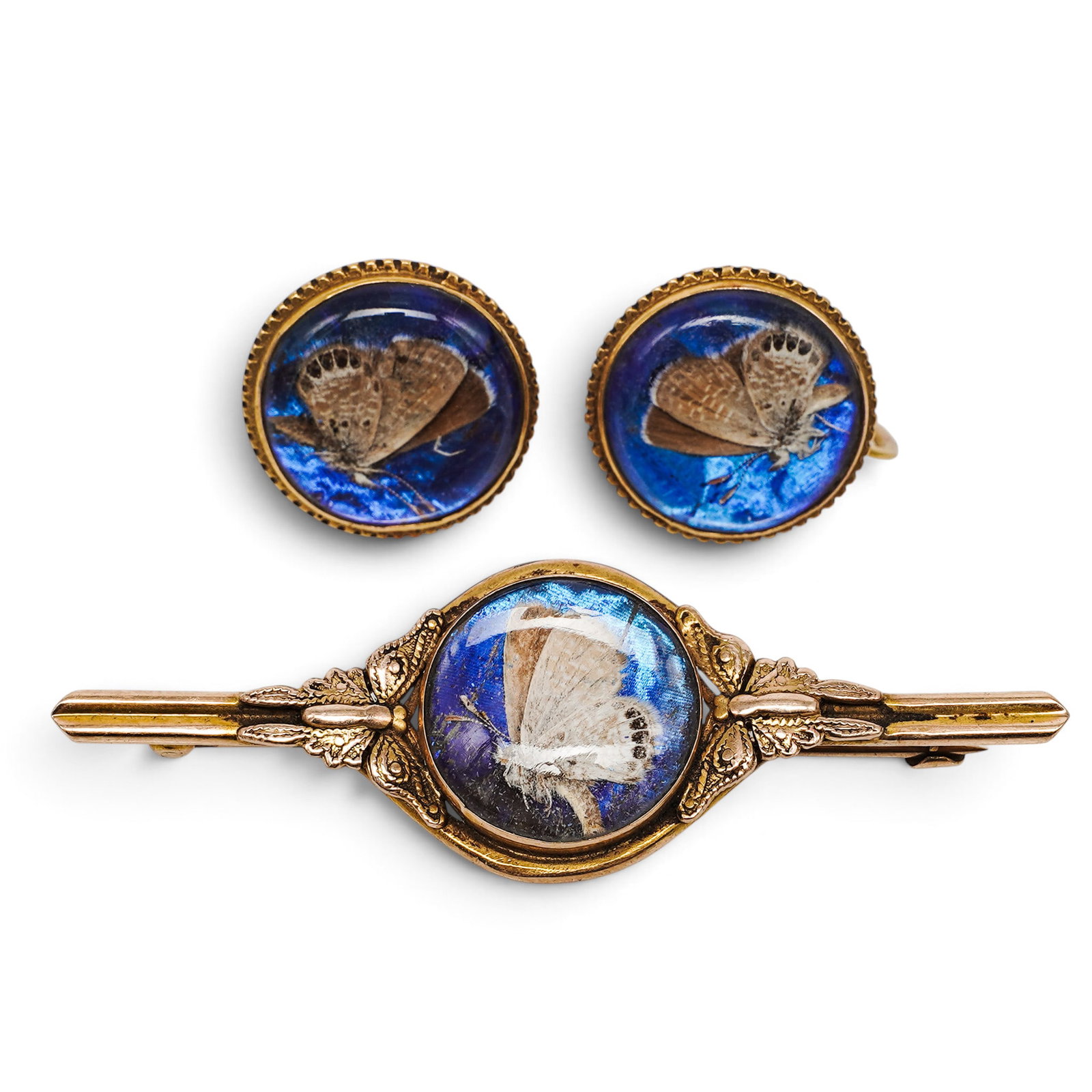 Attrib. Thomas Mott 14K Gold Blue Morpho Butterfly Earring and Brooch Set (1 of 5)