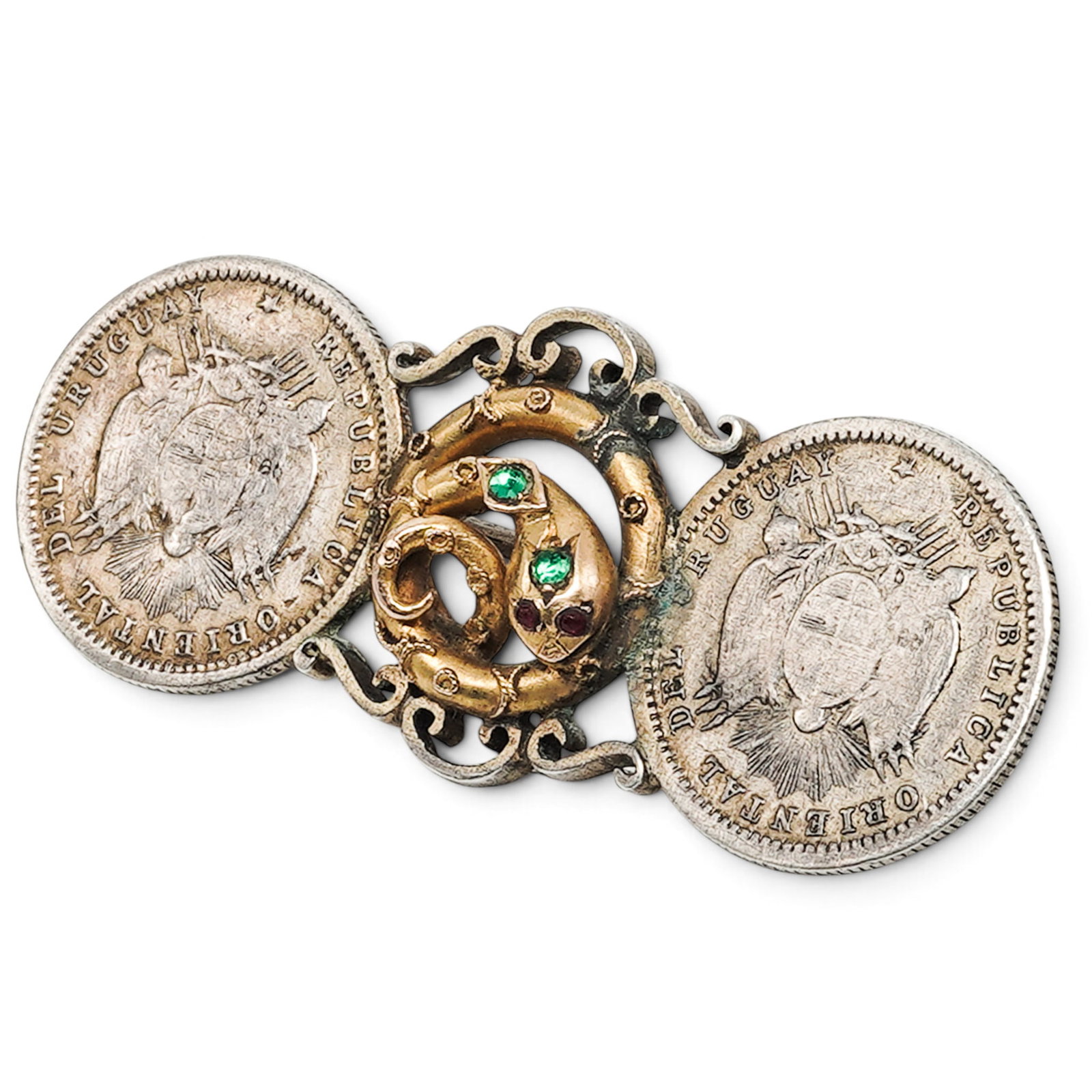 Antique Victorian Gold Snake and Silver Coin Brooch in Box (1 of 4)
