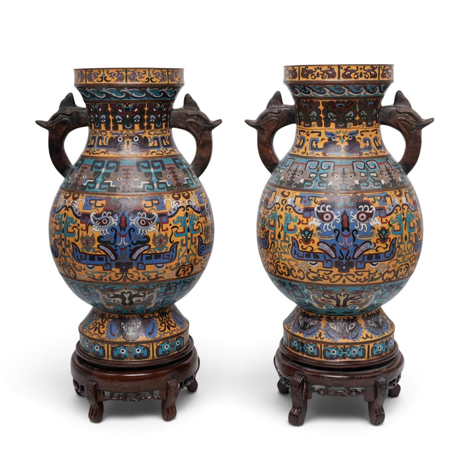 Pair Antique Chinese Cloisonne Enamel Vases and Stands (1 of 15)
