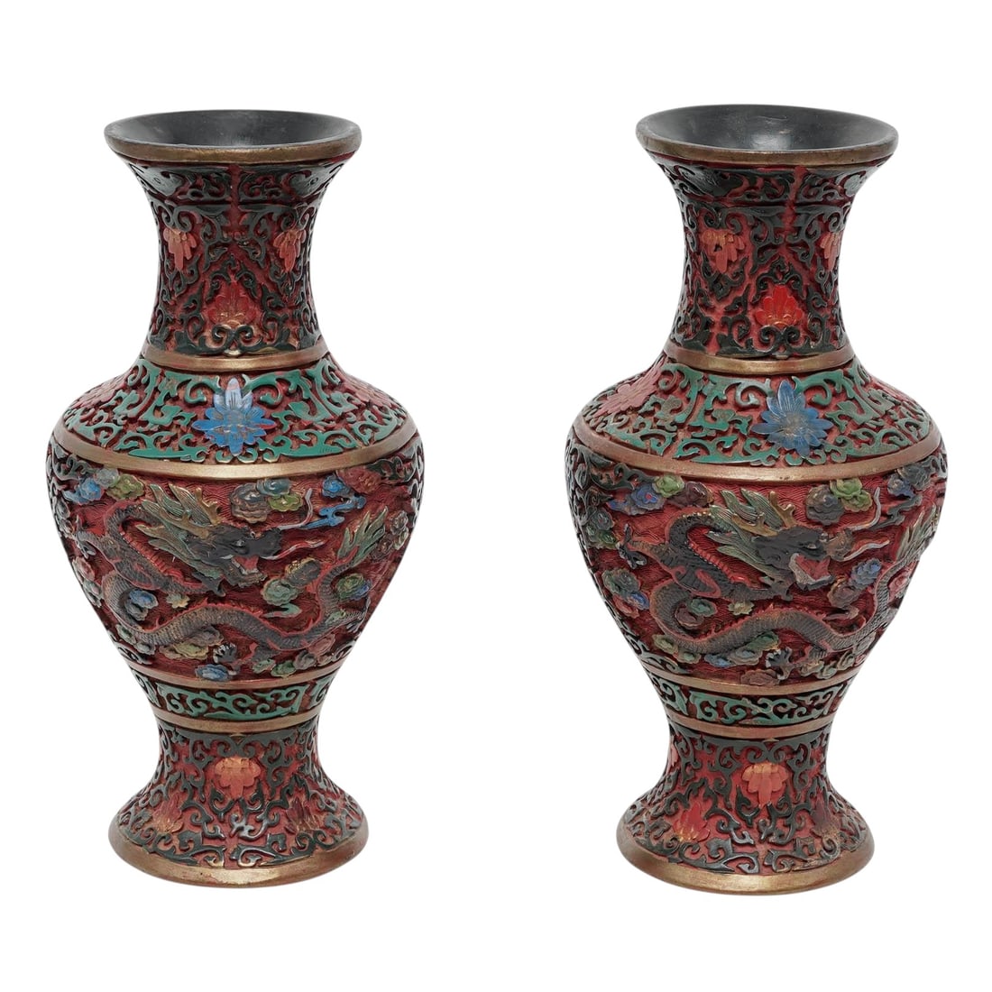 Pair Chinese Qing Carved Lacquer Cinnabar Dragon Vases. Signed (1 of 9)