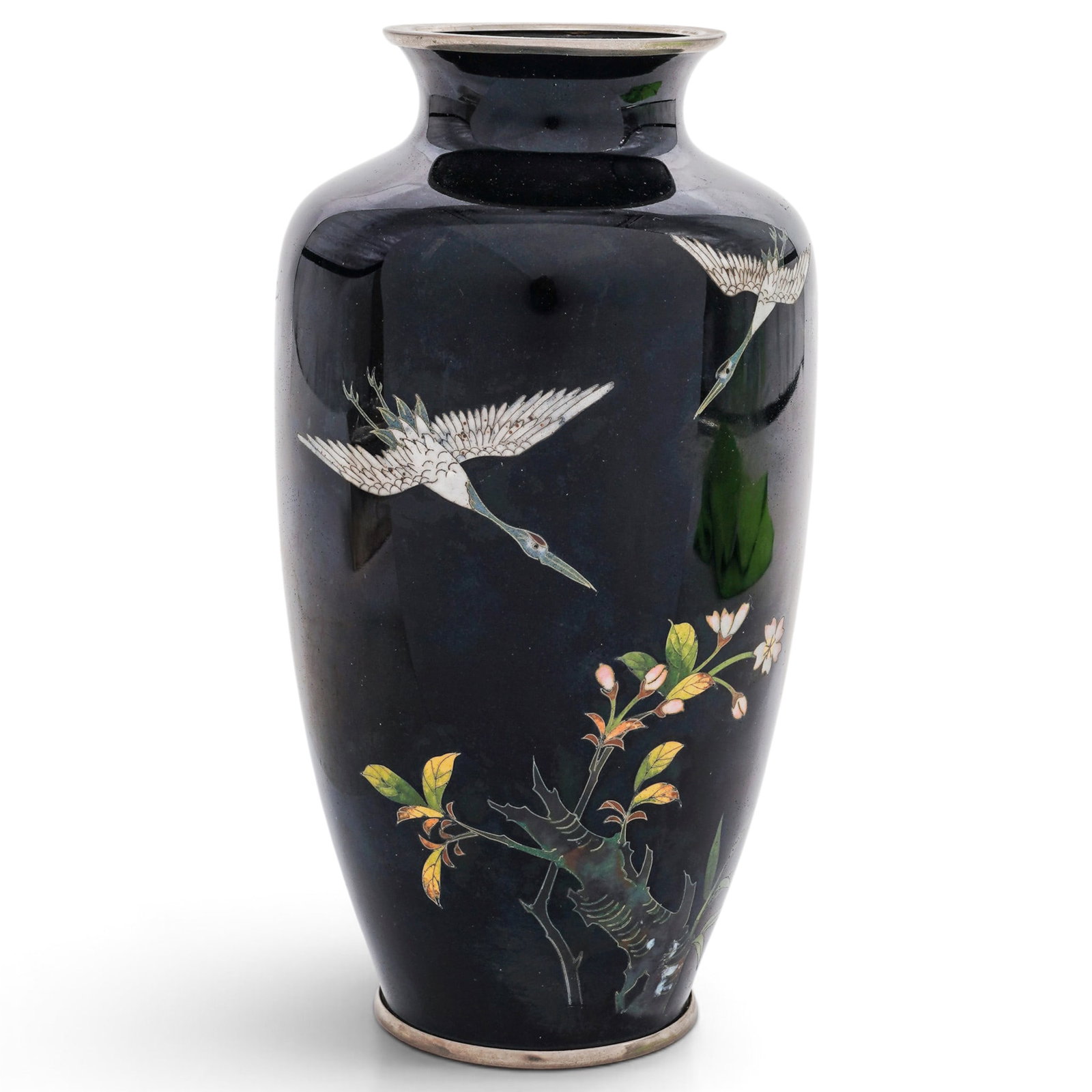 Japanese Sato Cloisonne Crane Vase: Japanese Sato Cloisonne Crane Vase Mid 20th Cent, Japan Artist/Designer/Manufacturer: Sato Marking(s); notes: Marked “Sato” on underside rim; Japanese Materials: cloisonné enamel, metal, nick