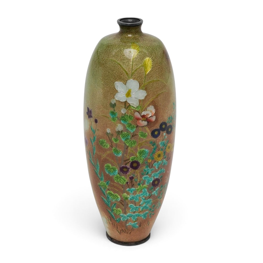 Japanese Enamel & Silver Floral Cloisonne Vase: Japanese Enamel & Silver Floral Cloisonne Vase Late 19th - Early 20th Cent, Japan Artist/Designer/Manufacturer: Japan Marking(s); notes: none Materials: cloisonné enamel, silver Cataloger Note: Small