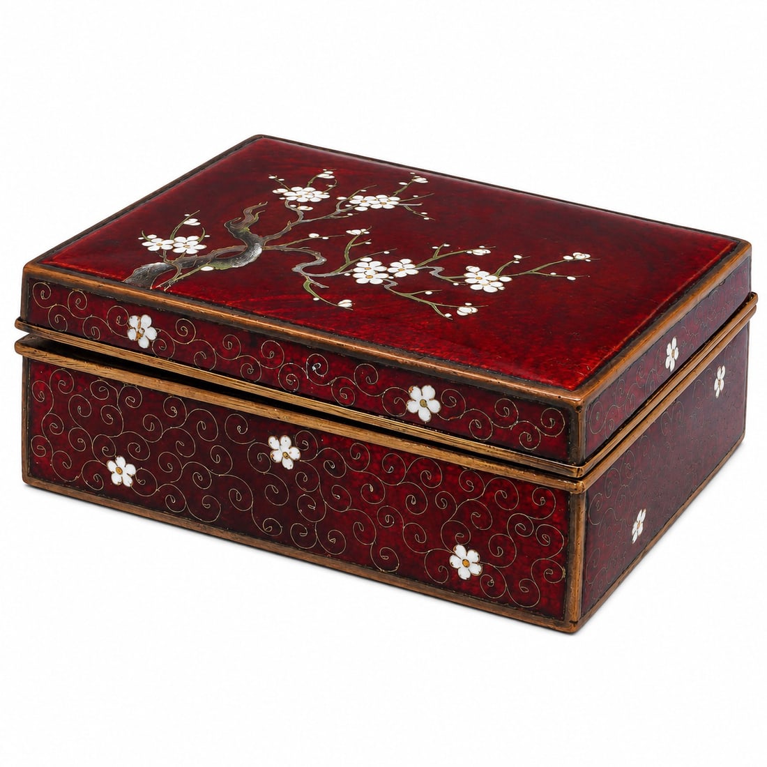 Japanese Ginbari Cloisonne Pigeon Blood Red Enamel Box: Japanese Ginbari Cloisonne Pigeon Blood Red Enamel Box Late 19th - Early 20th Cent, Japan Artist/Designer/Manufacturer:Japanese Marking(s); notes: none Materials: cloisonné enamel, metal Cataloger No