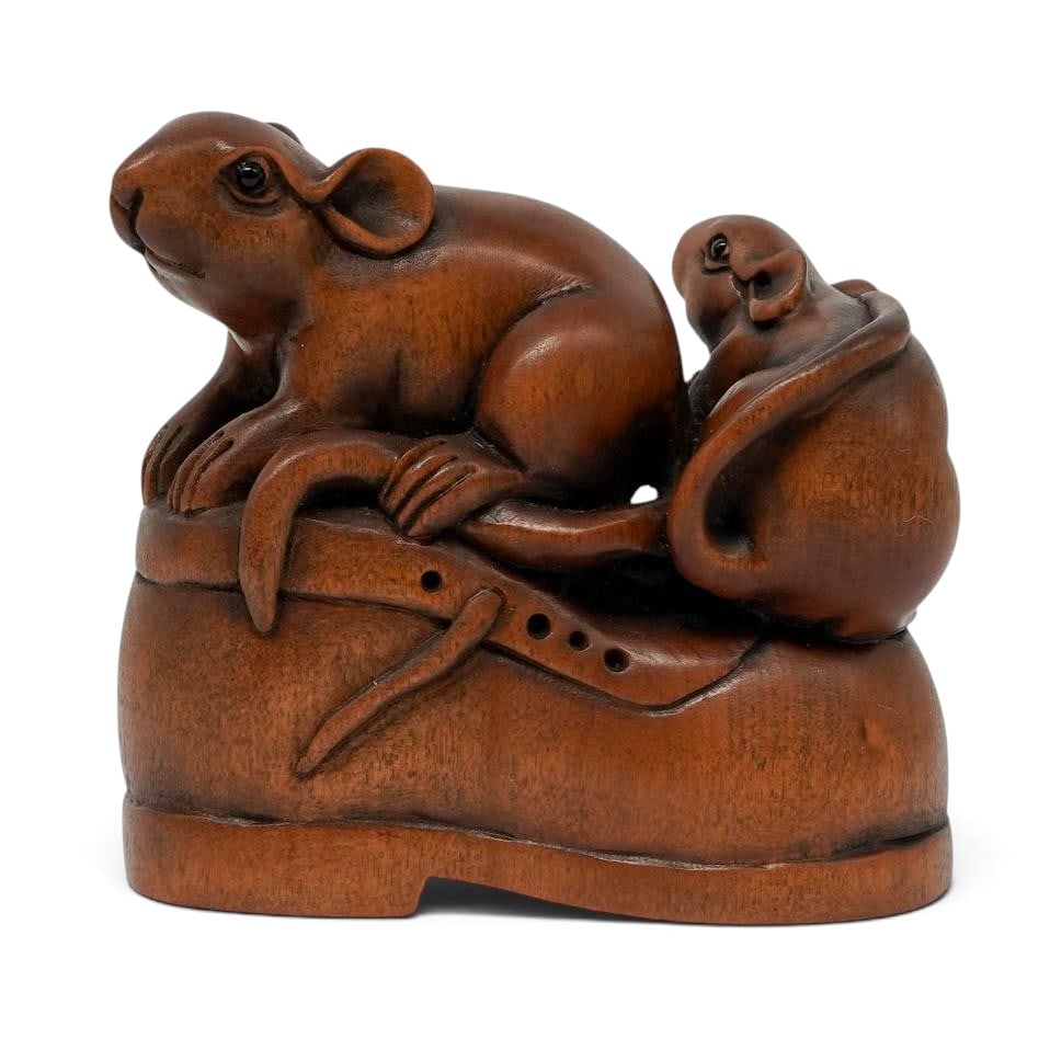 Antique Japanese Carved Wood Mice On Shoe Netsuke, Signed (1 of 7)