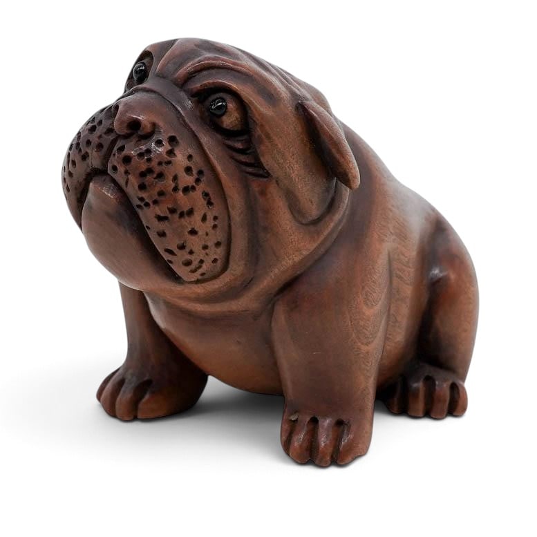 Antique Japanese Carved Wood Bulldog Netsuke, Signed (1 of 7)