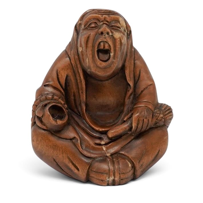 Antique Japanese Carved Wood Yawning Monk Netsuke, Signed (1 of 7)